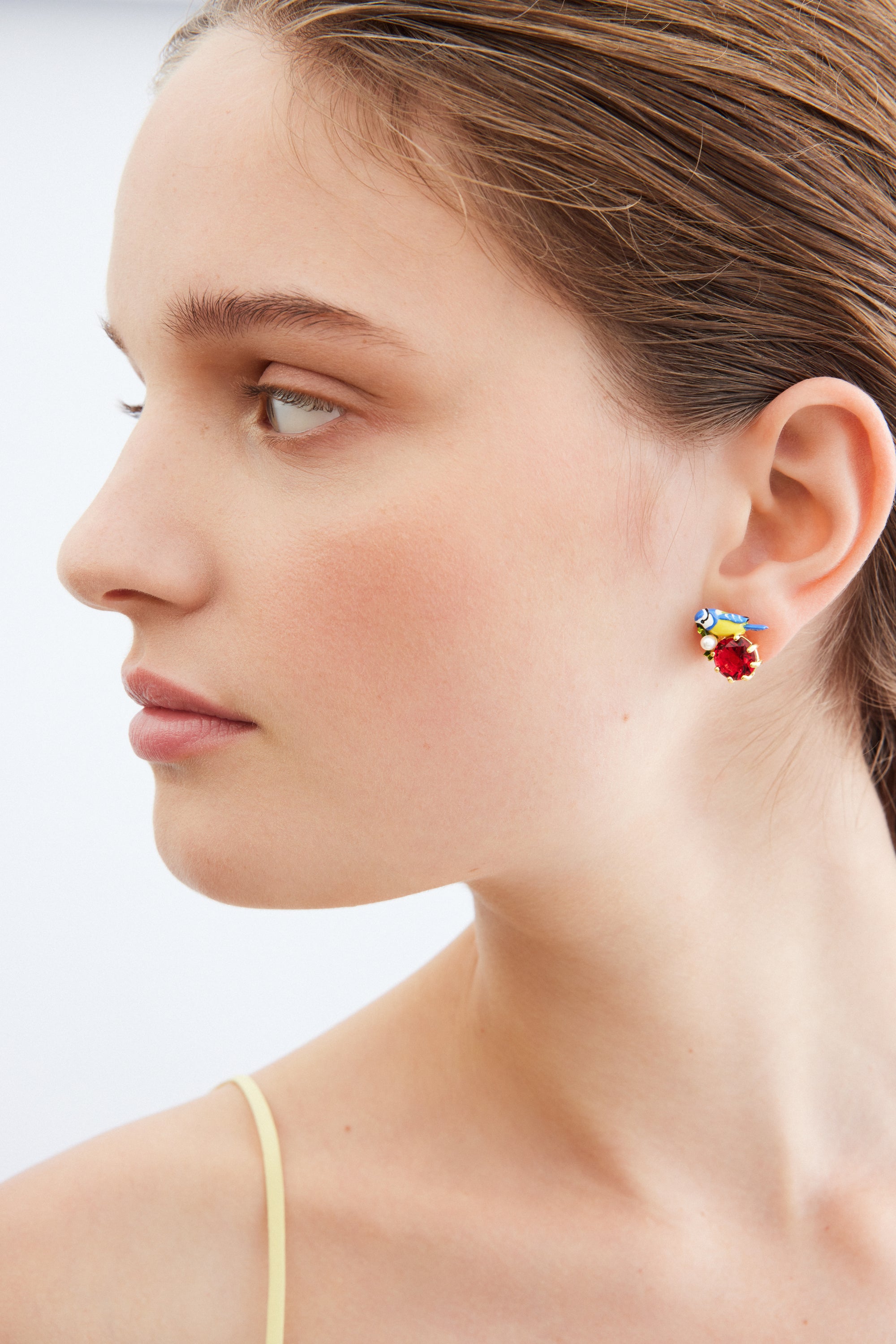 Boucles d'oreilles tiges mésanges et pierre ronde rouge
