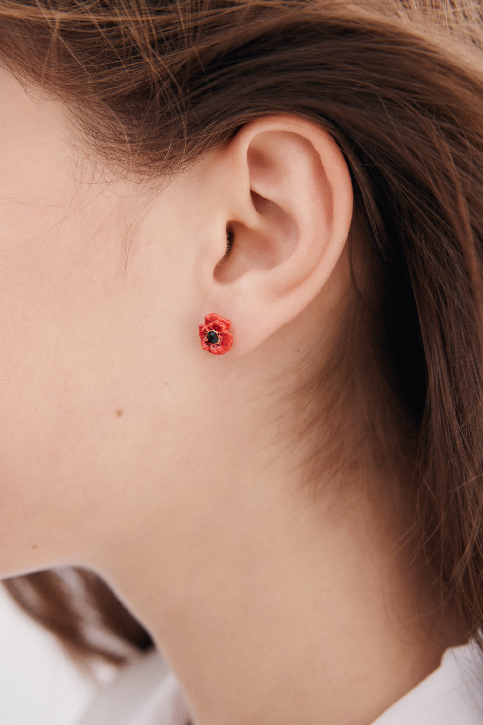 Boucles d’oreilles tiges coquelicot rouge et cristal noir