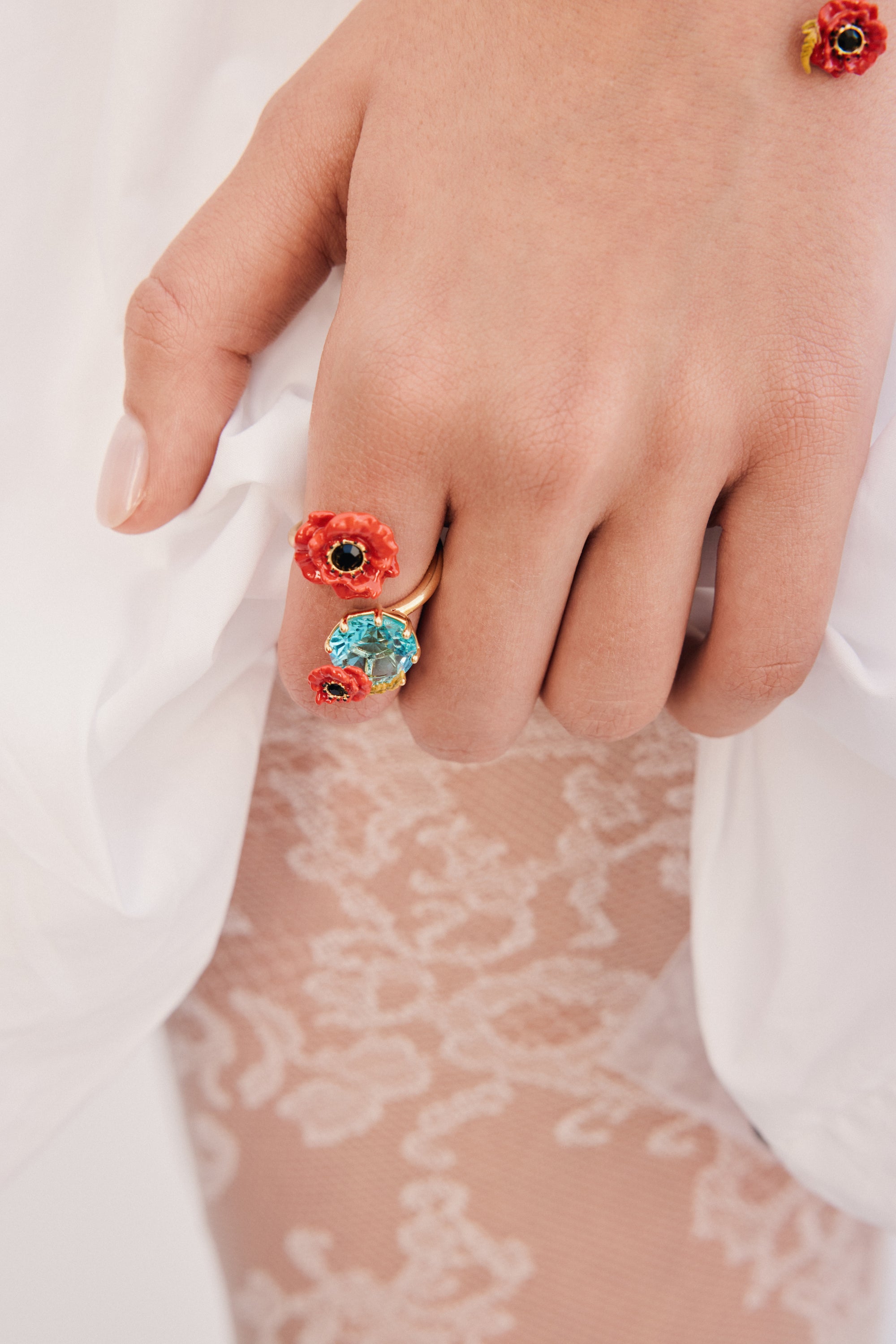 Bague ajustable pierre ronde bleue et coquelicot