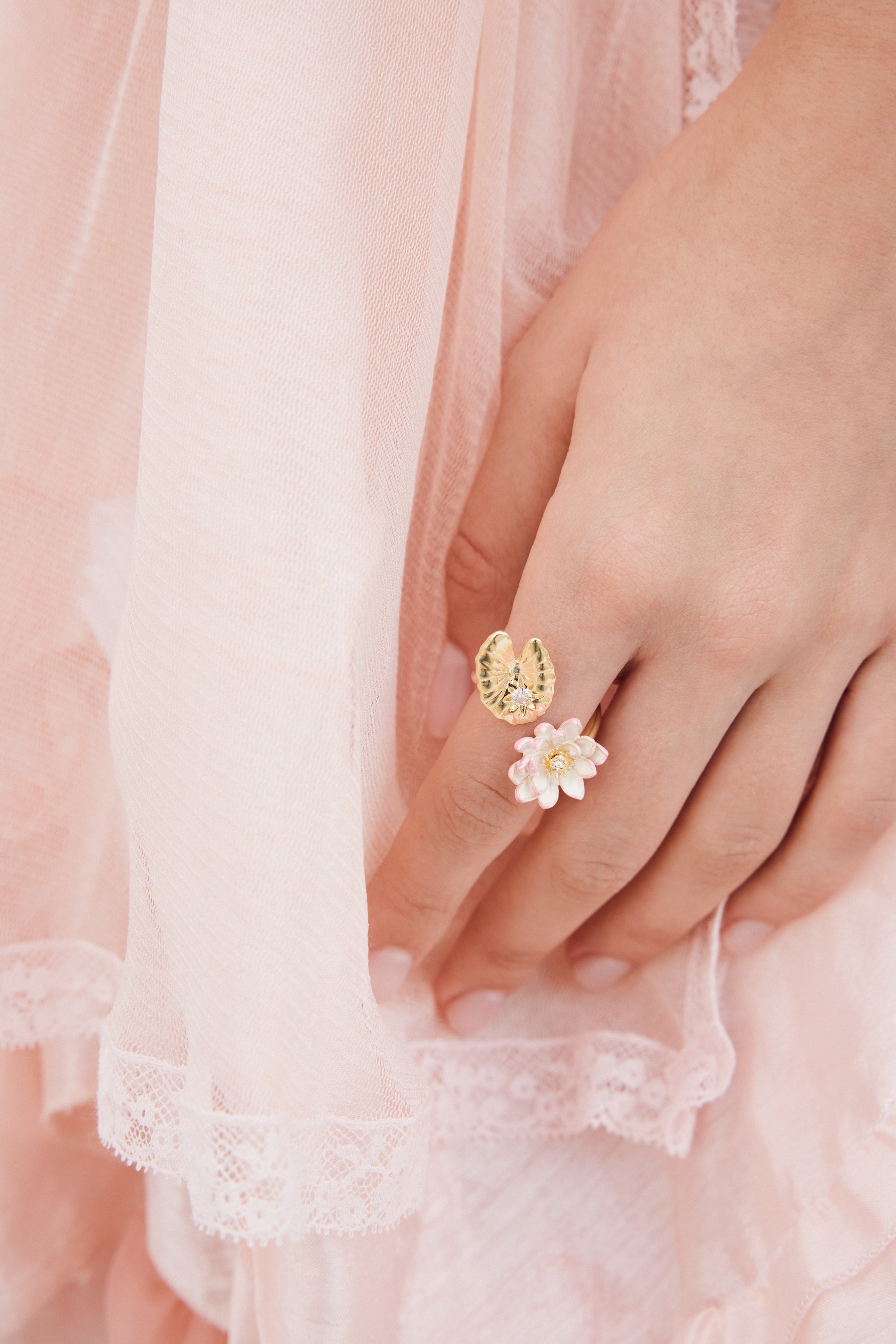 Gold lotus and pink water lily adjustable ring