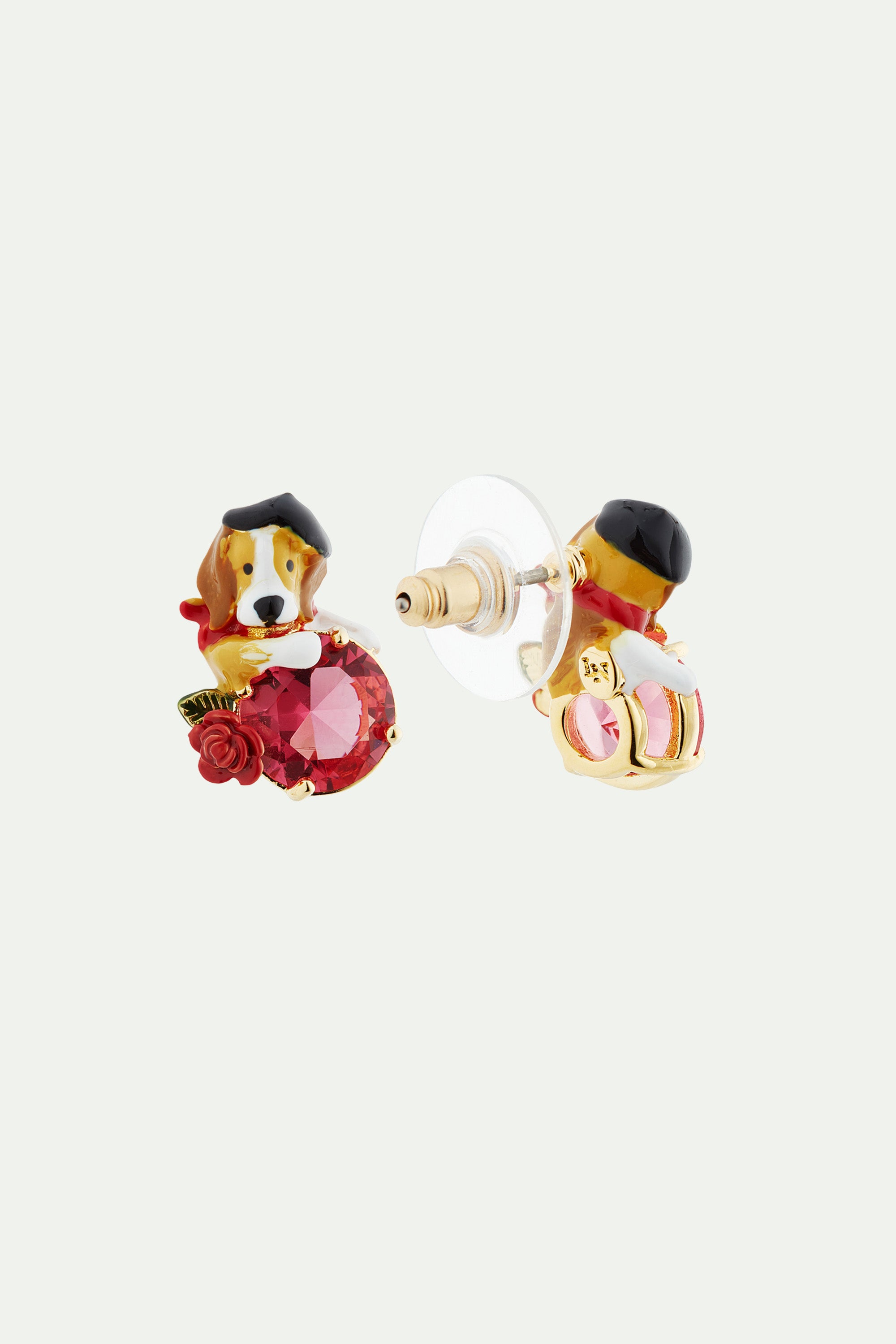 Boucles d'oreilles tiges beagle et pierre en verre taillé rose