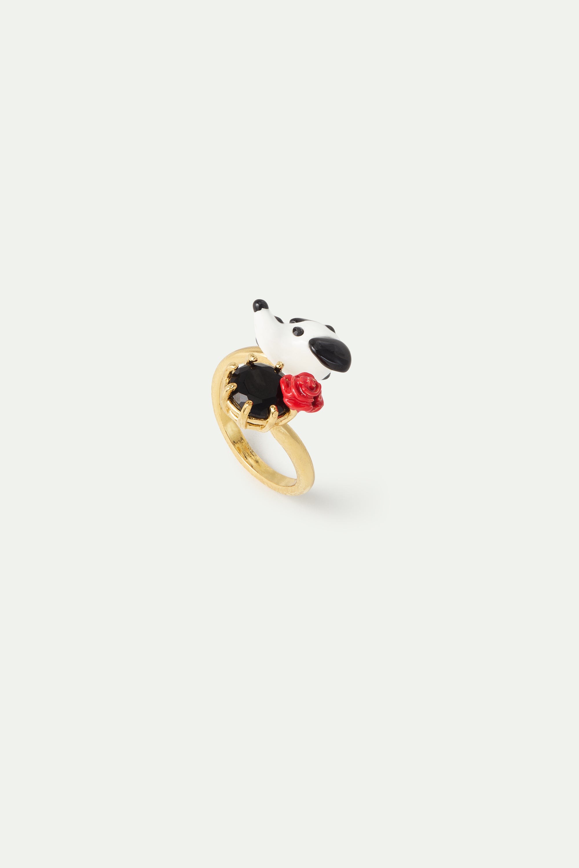 Bague ajustable dalmatien, pierre ronde facettée noire et rose rouge