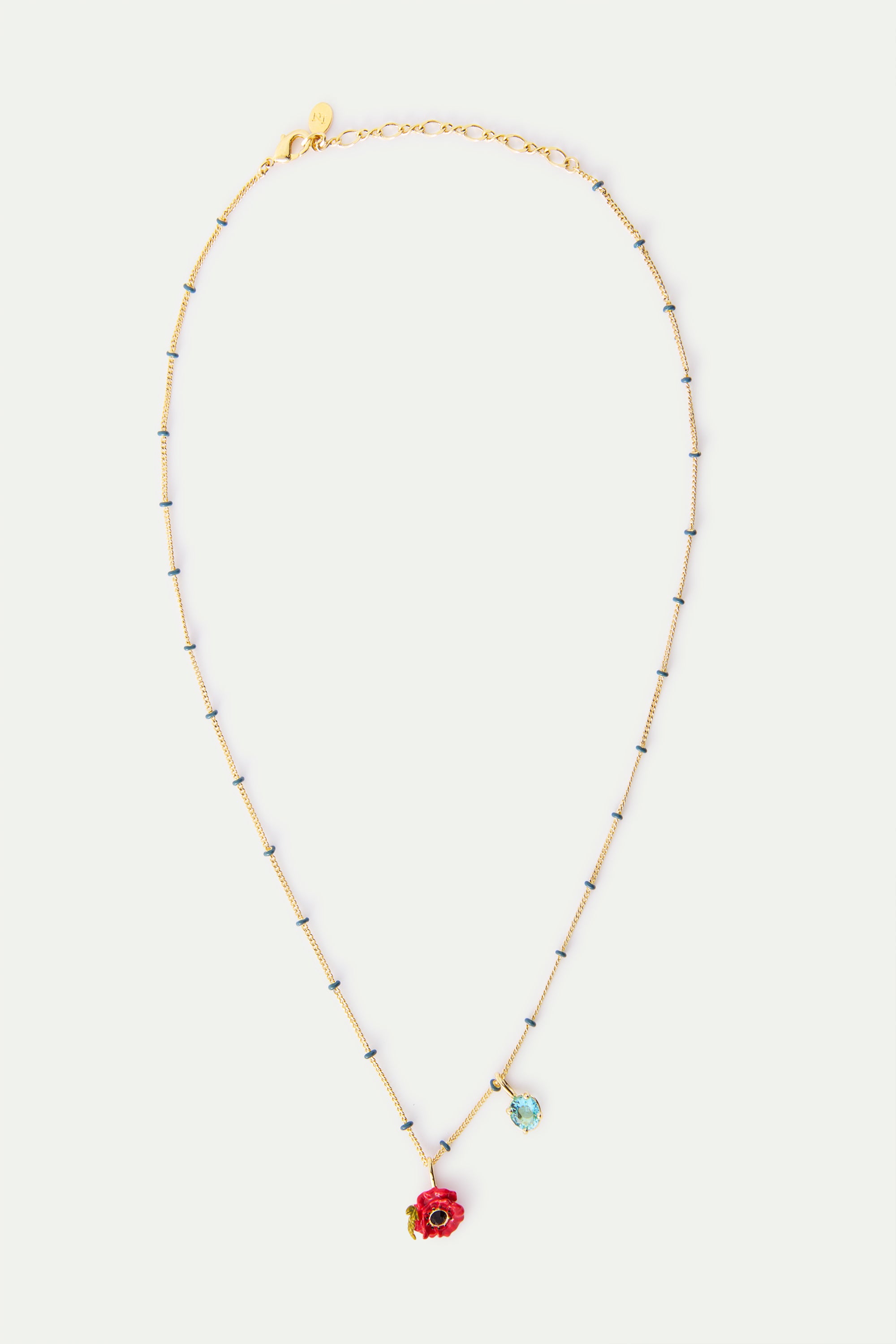 Collier pendentif coquelicot rouge et pierre ronde bleue