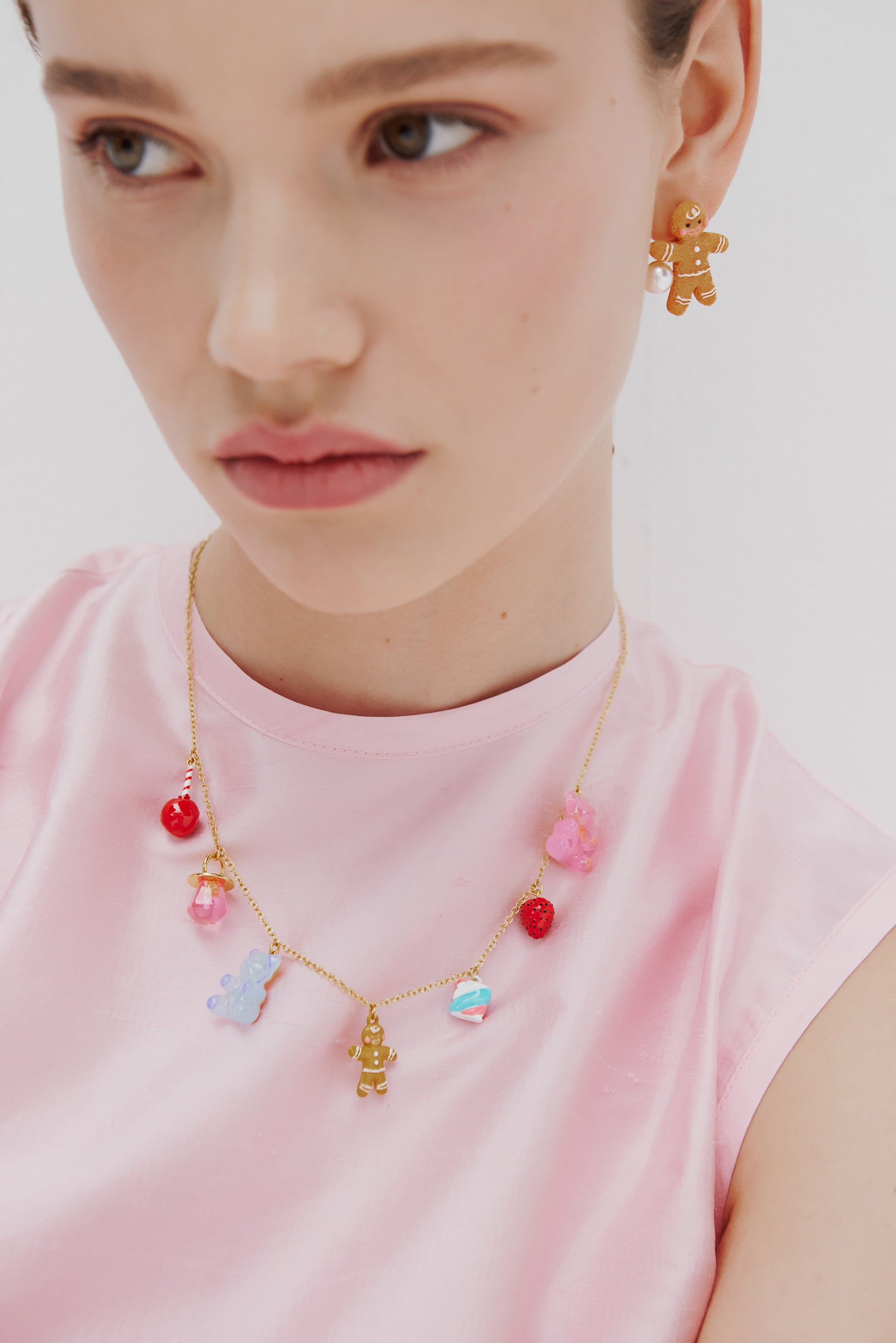 Gingerbread man pendant necklace, marshmallow bear, lollipop and strawberry