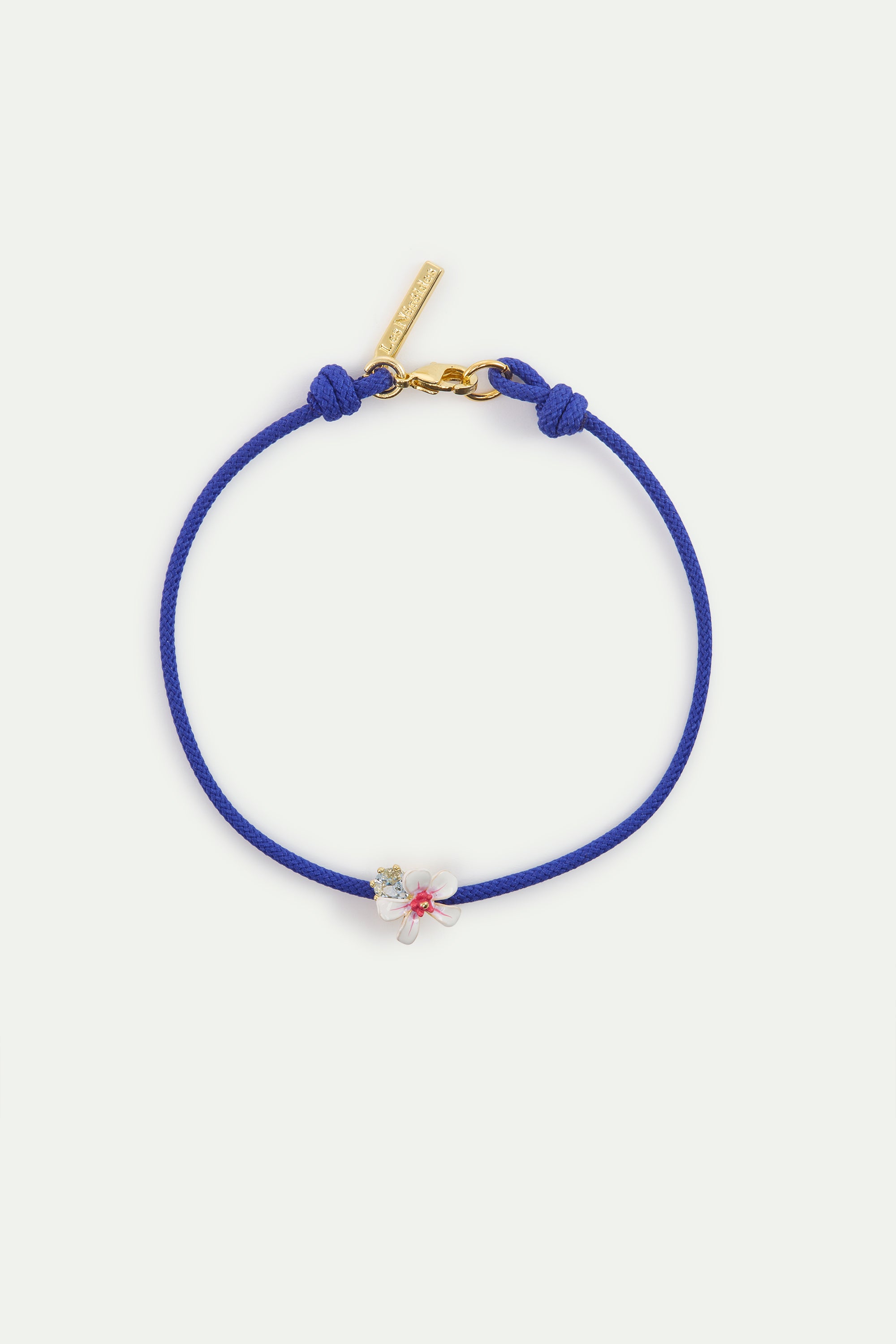 Bracelet cordon aubépine blanche et rose et cristal bleu