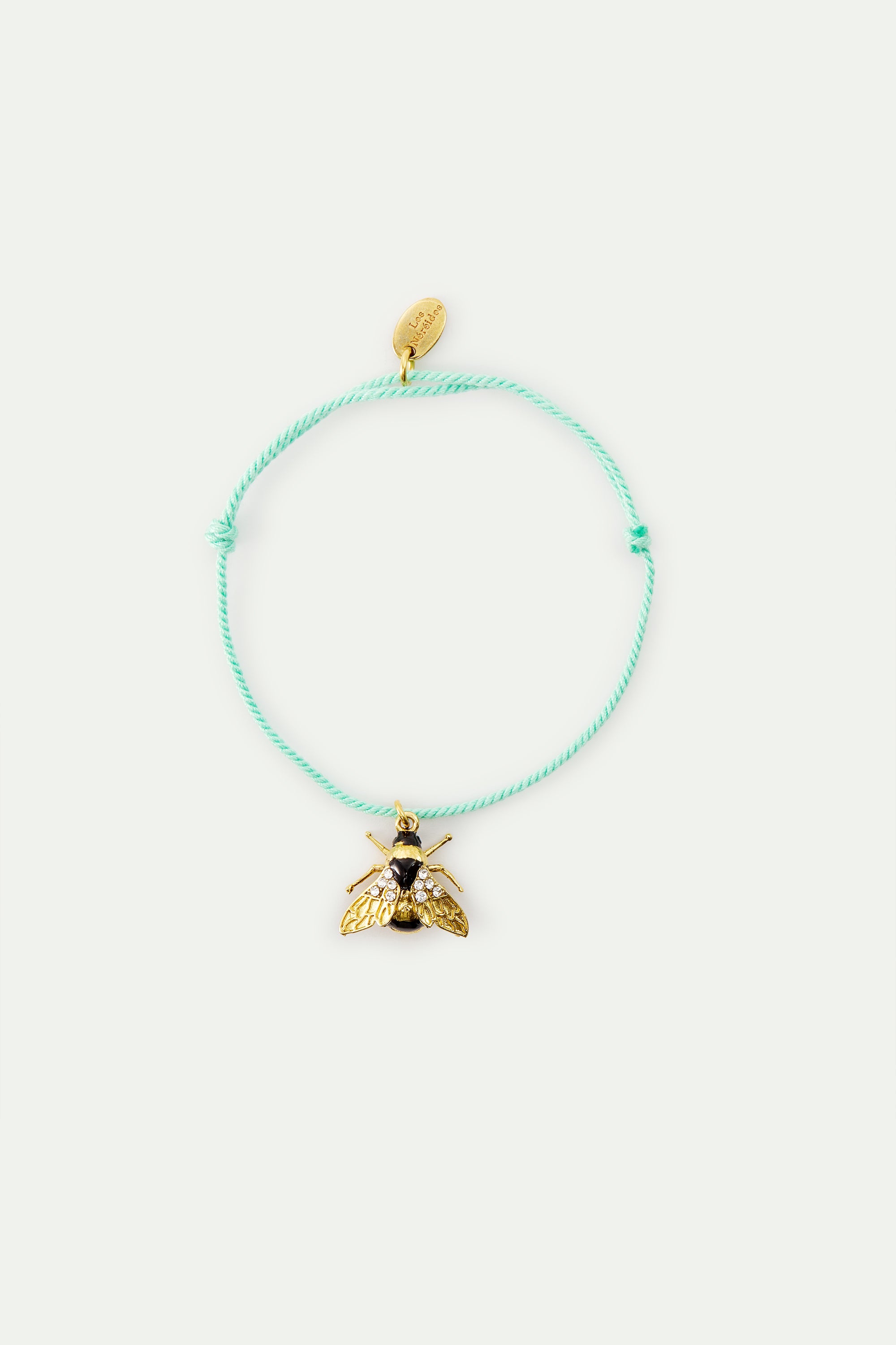 Bracelet corde bleue abeille dorée et cristaux