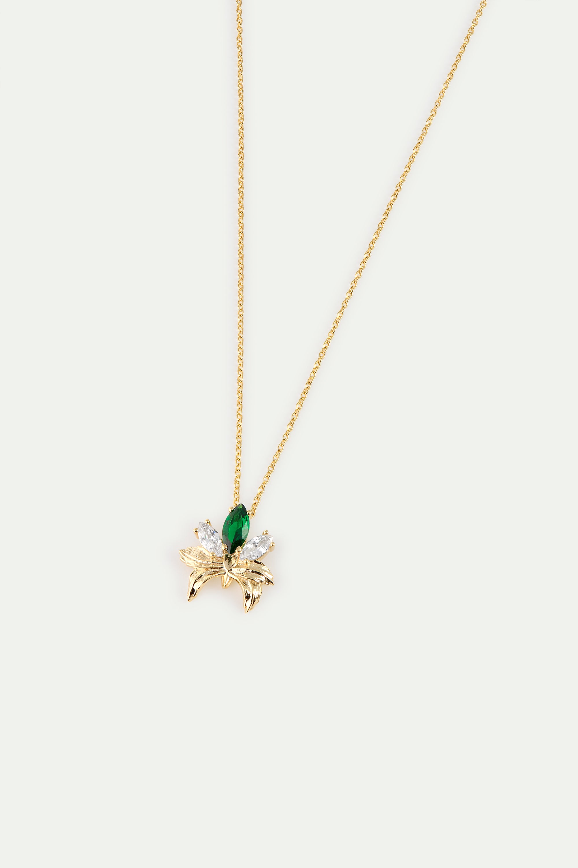 Gold pendant necklace with orchid, green and white stones