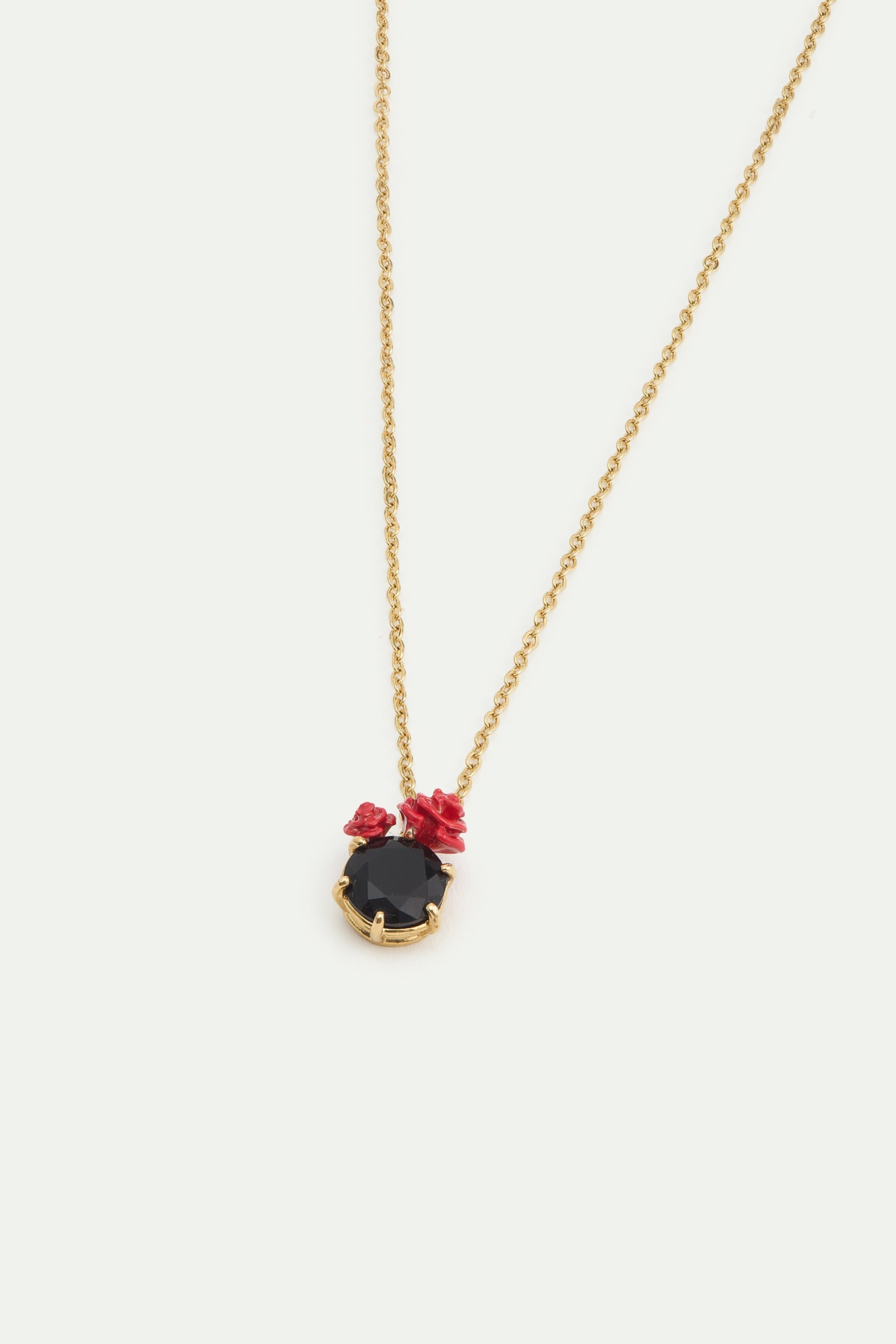 Collier pendentif pierre ronde facettée noire et roses rouges