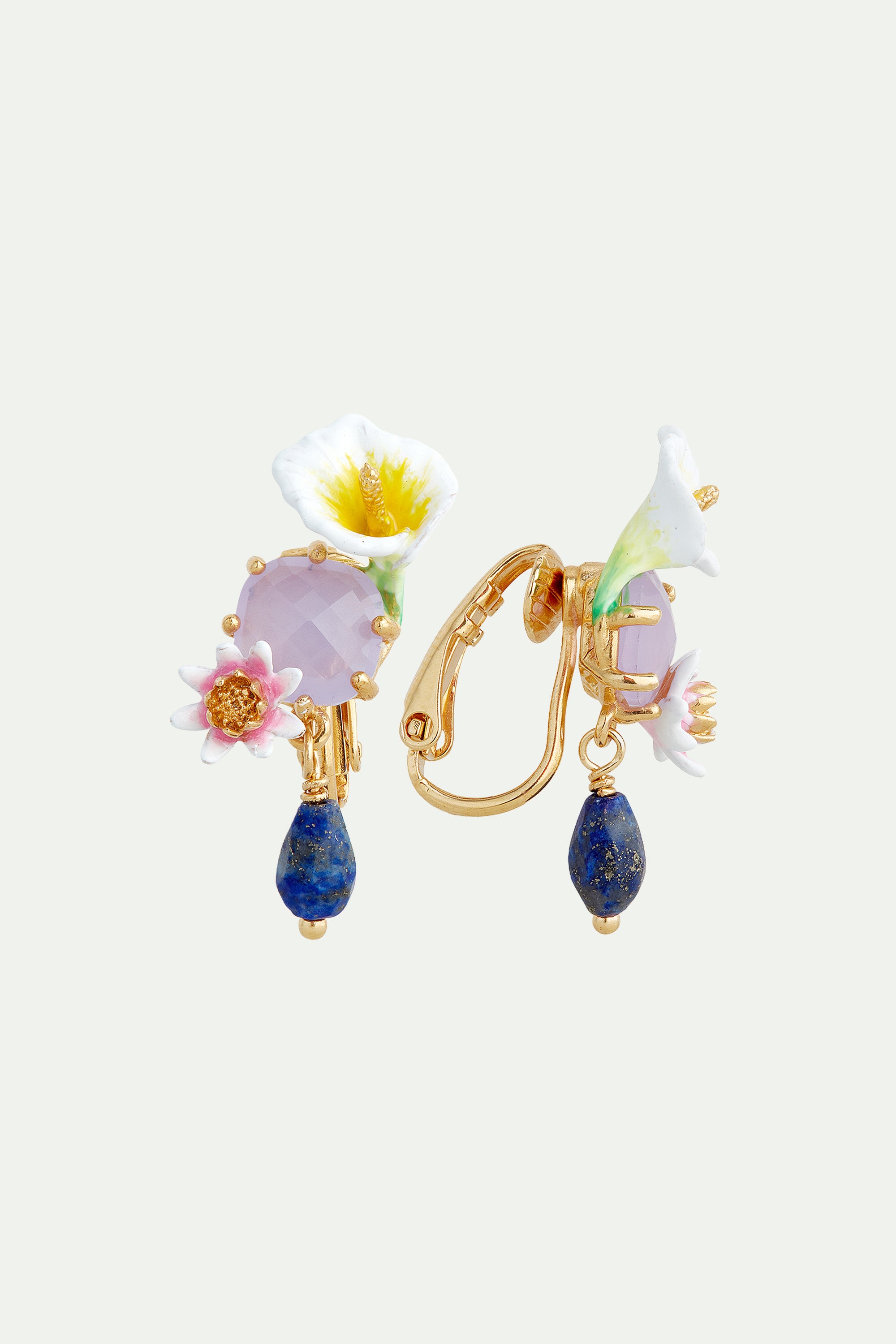 Bog arum and lapis lazuli clip-on earrings