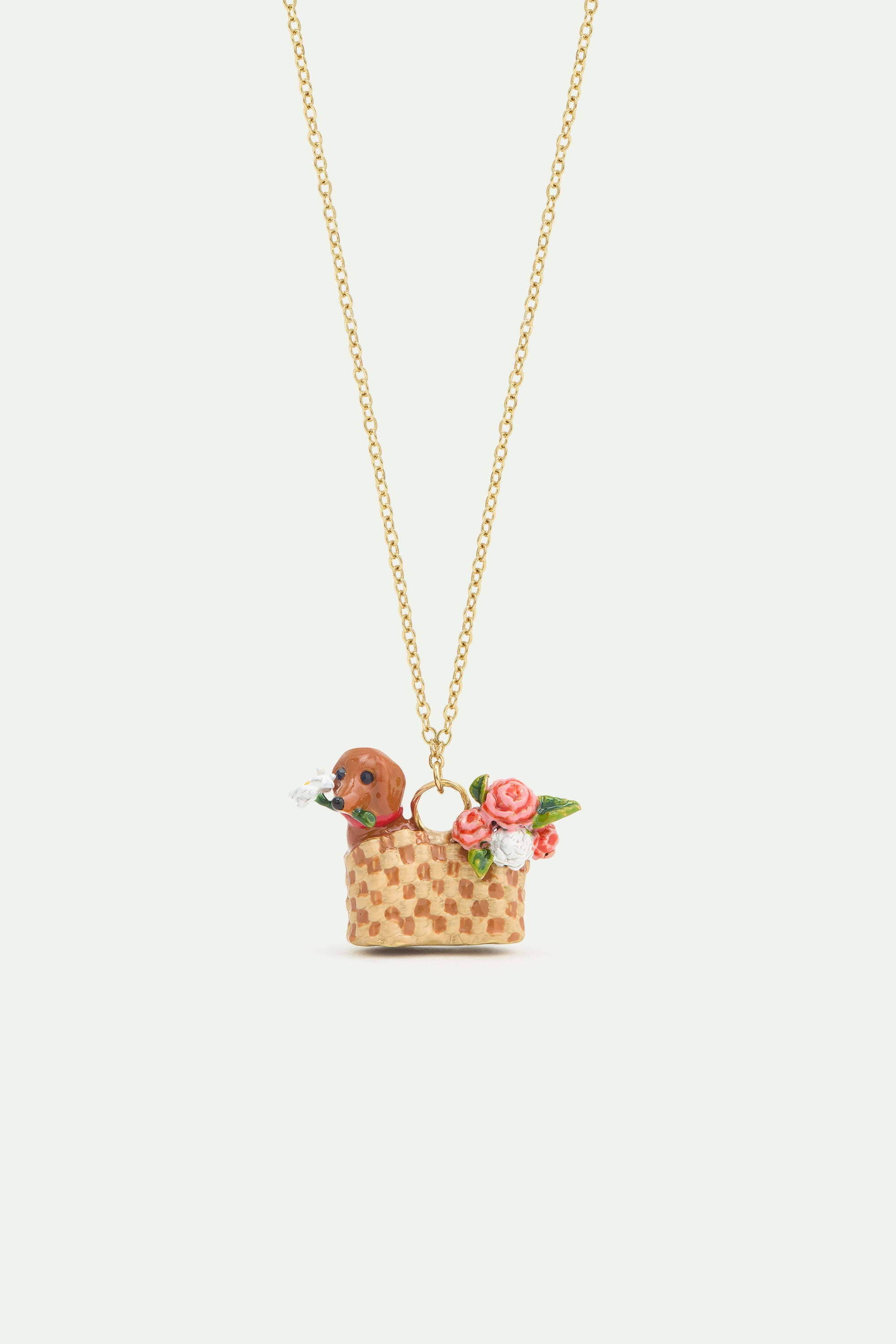 Collier pendentif panier, teckel et fleurs