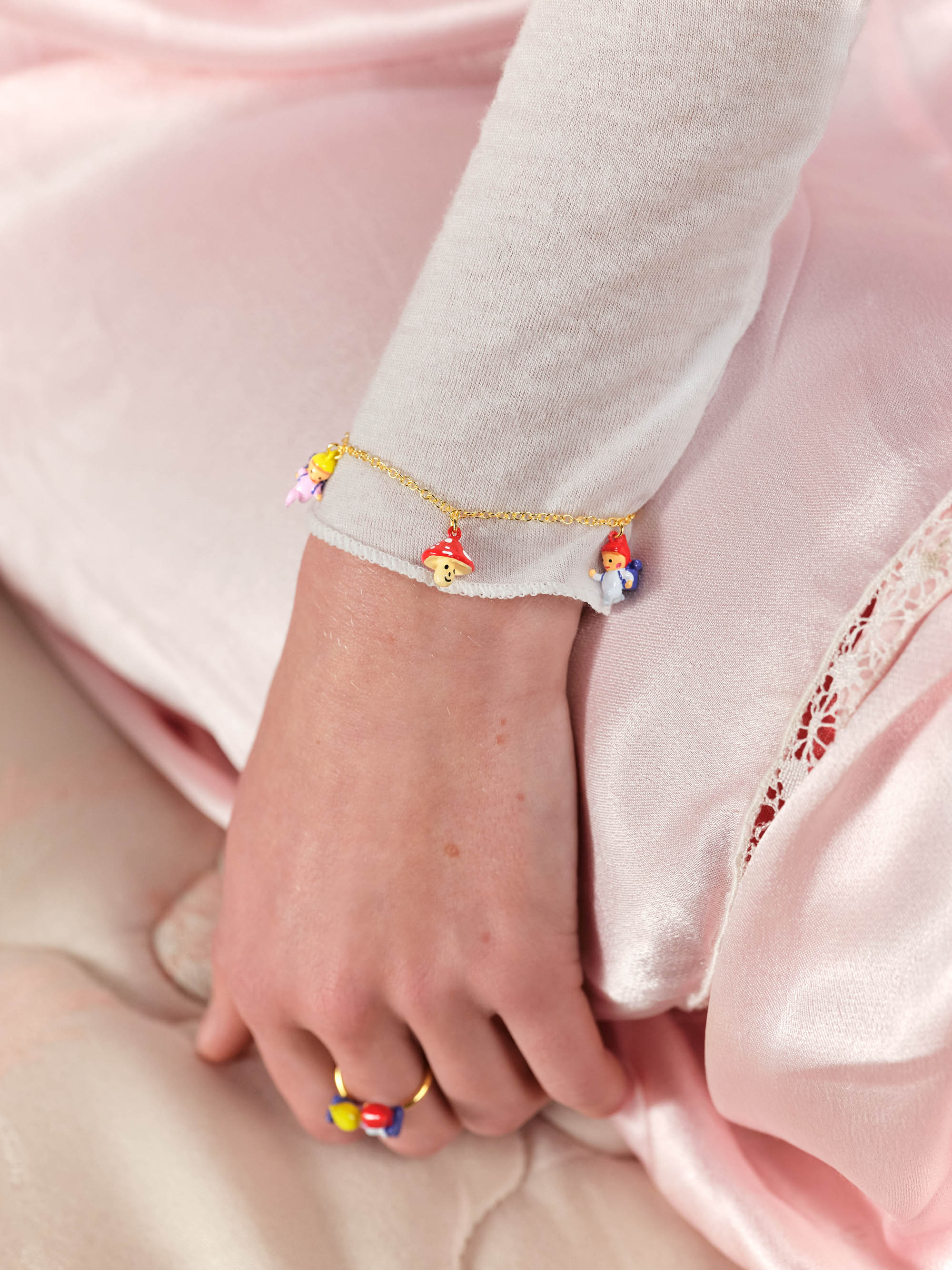 Hiking garden gnome children and mushroom charm bracelet