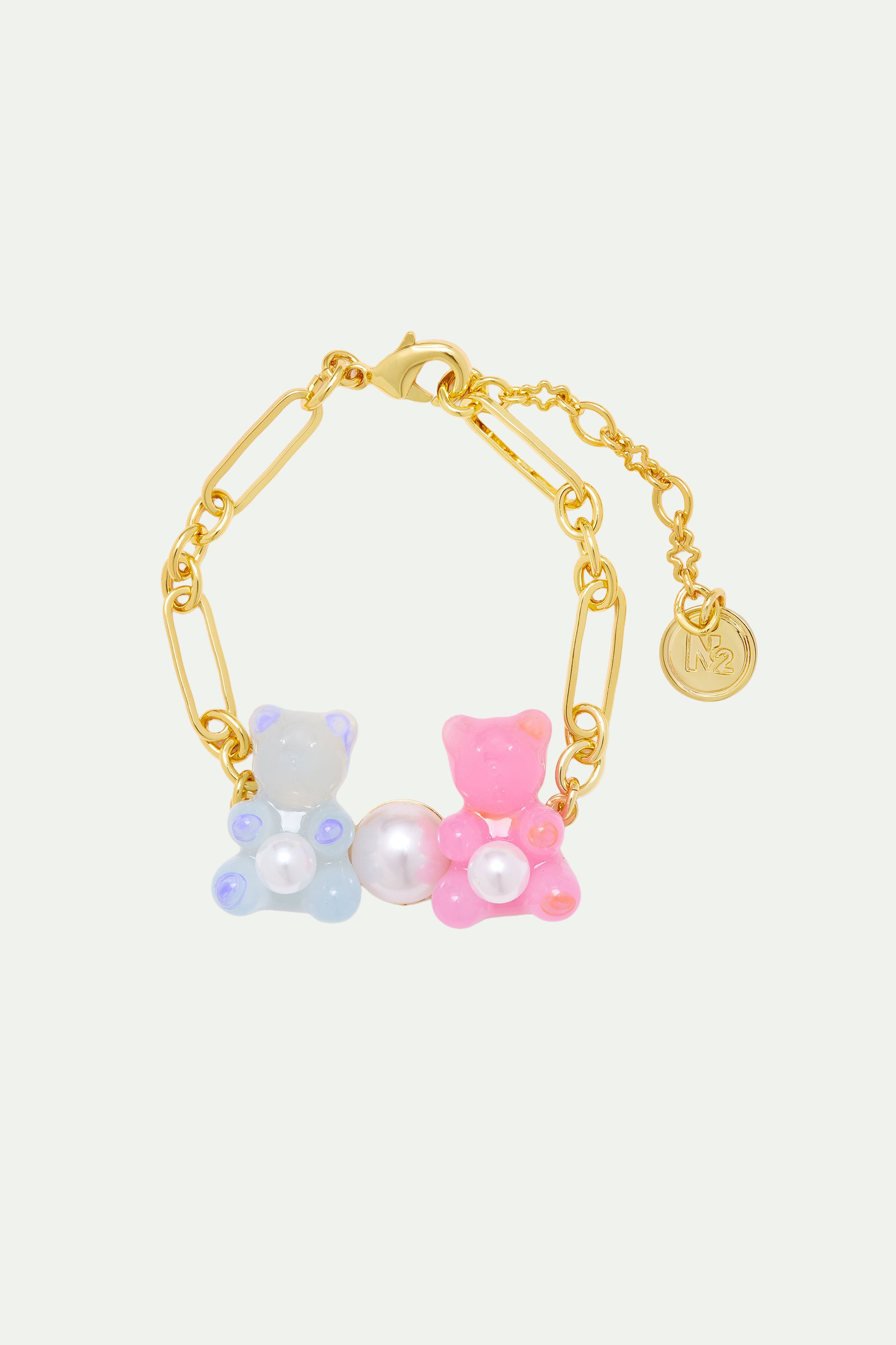 Bracelet nounours candy bleu et rose et perle fantaisie blanche