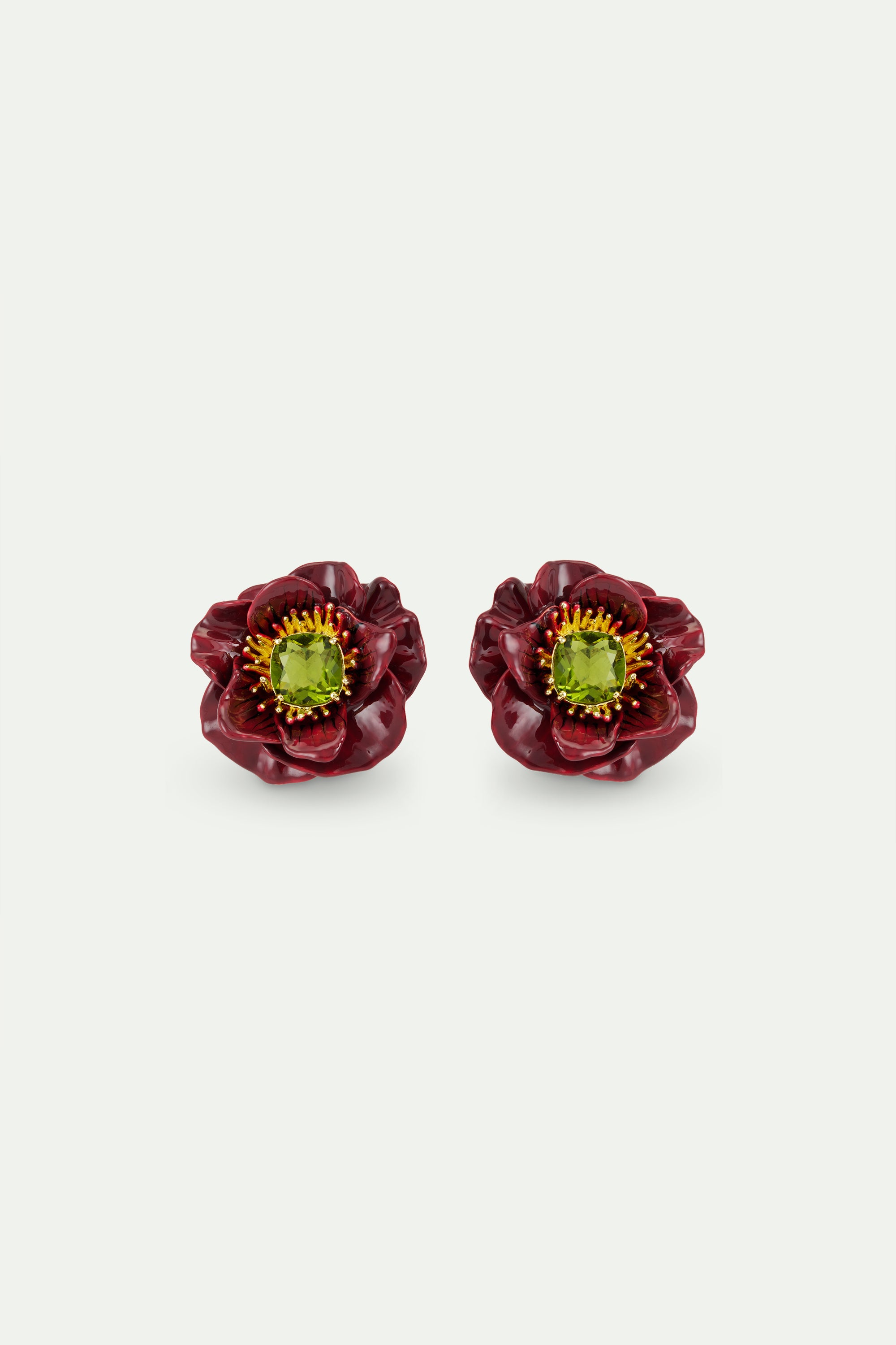 Burgundy anemone flower and green faceted stone earrings