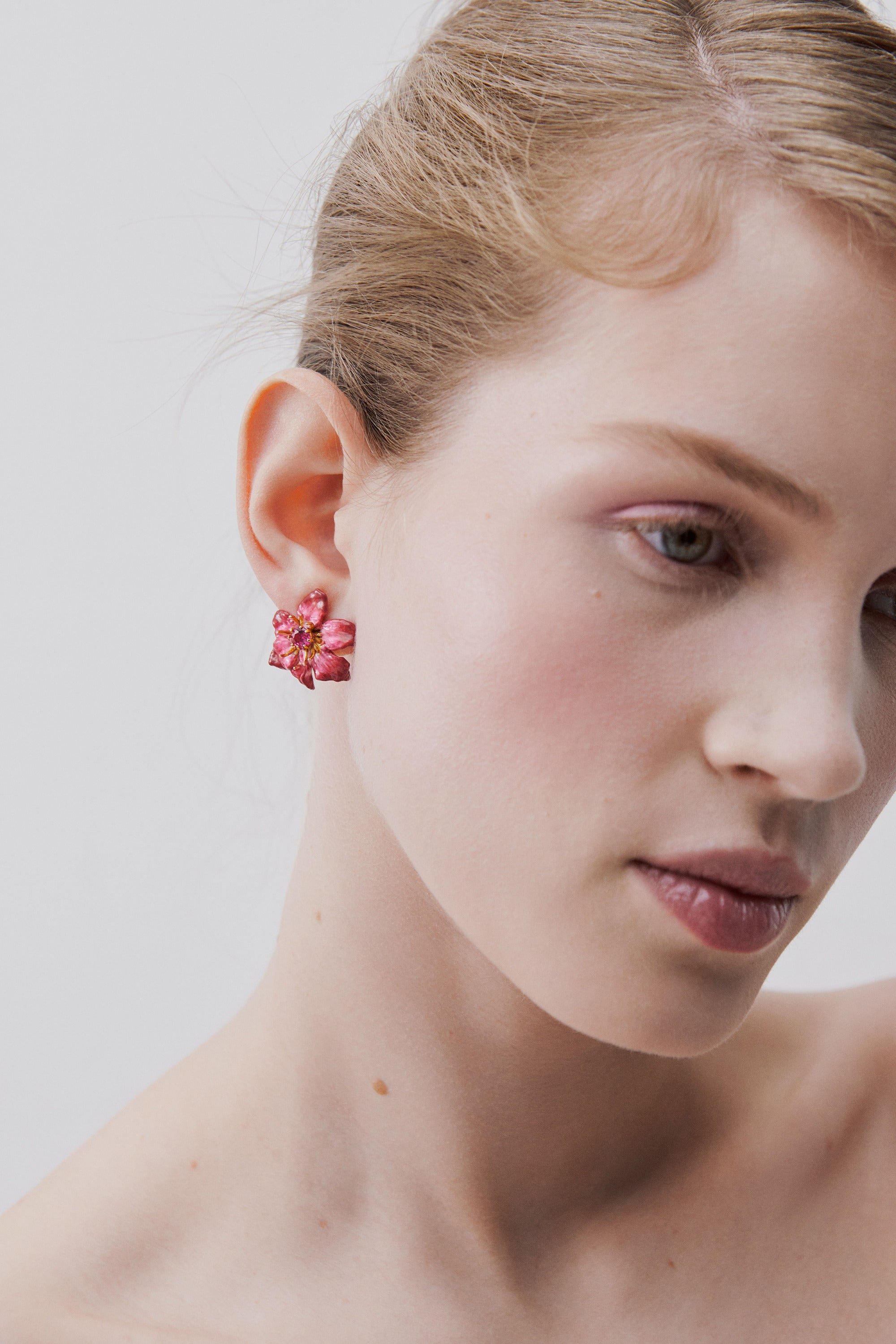 Large pink clematis flower earrings