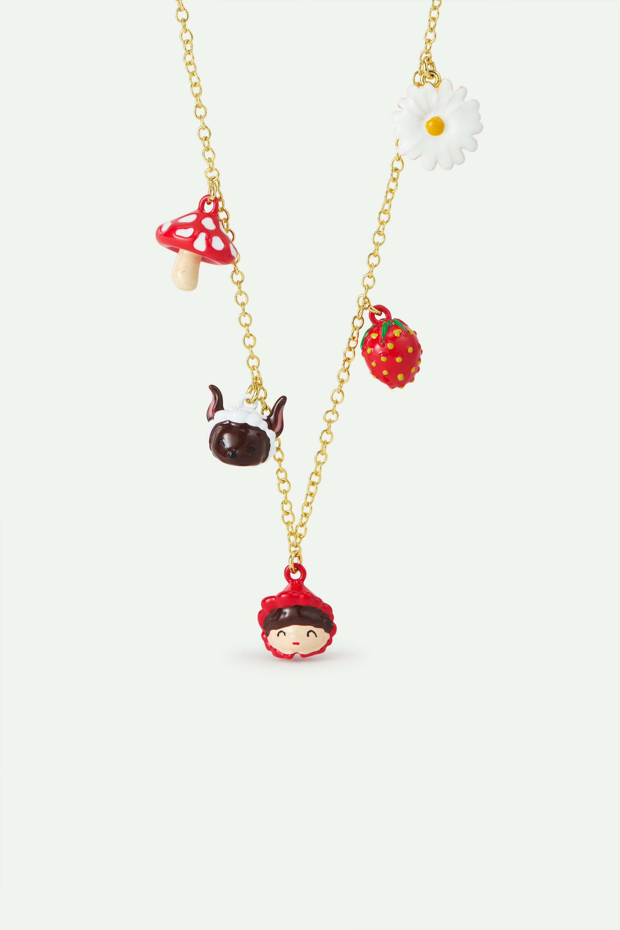 Little Red Riding Hood, Wolf, mushroom, strawberry and daisy pendant necklace