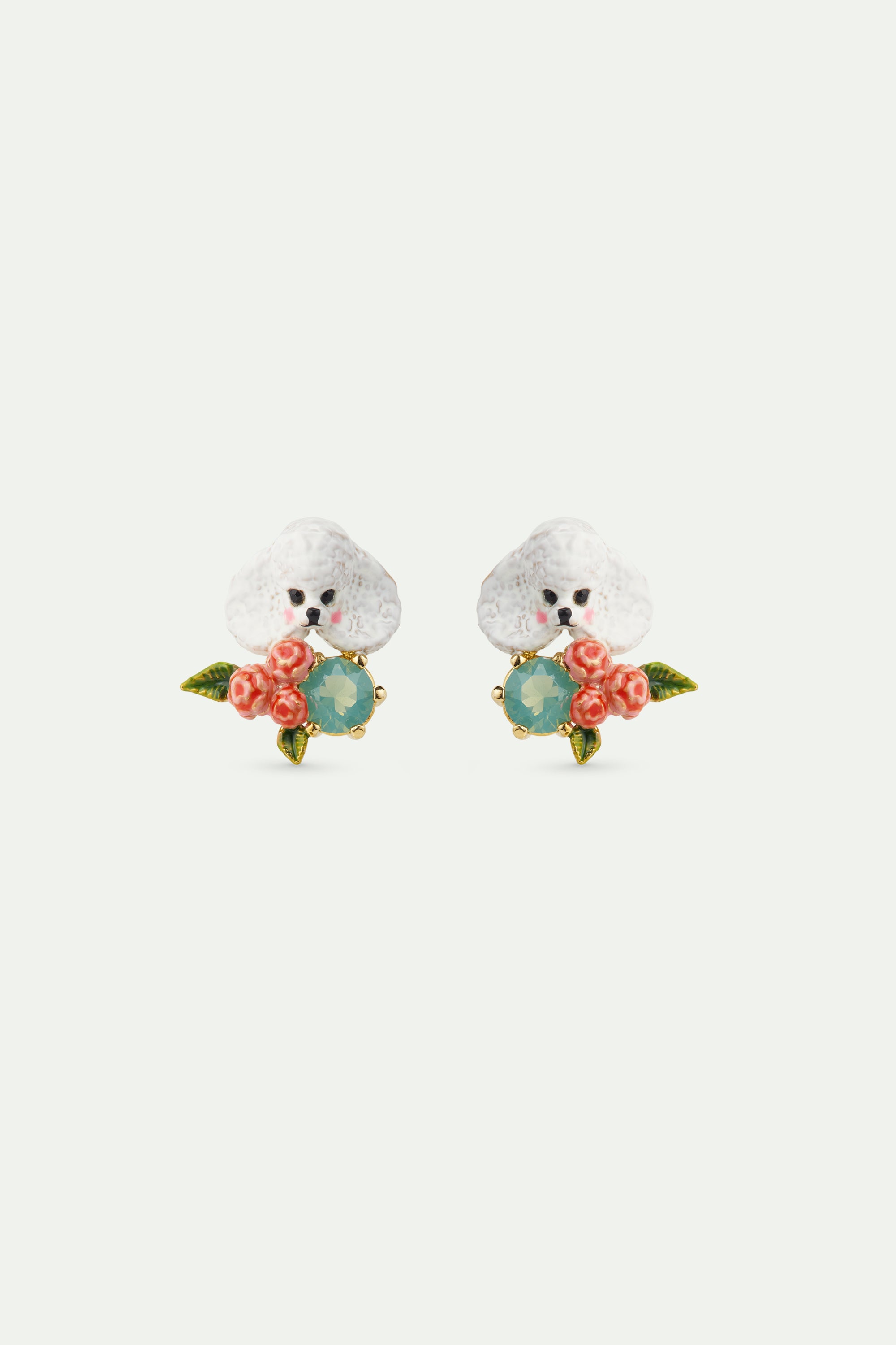 Boucles d'oreilles caniche, fleurs roses et pierre bleue