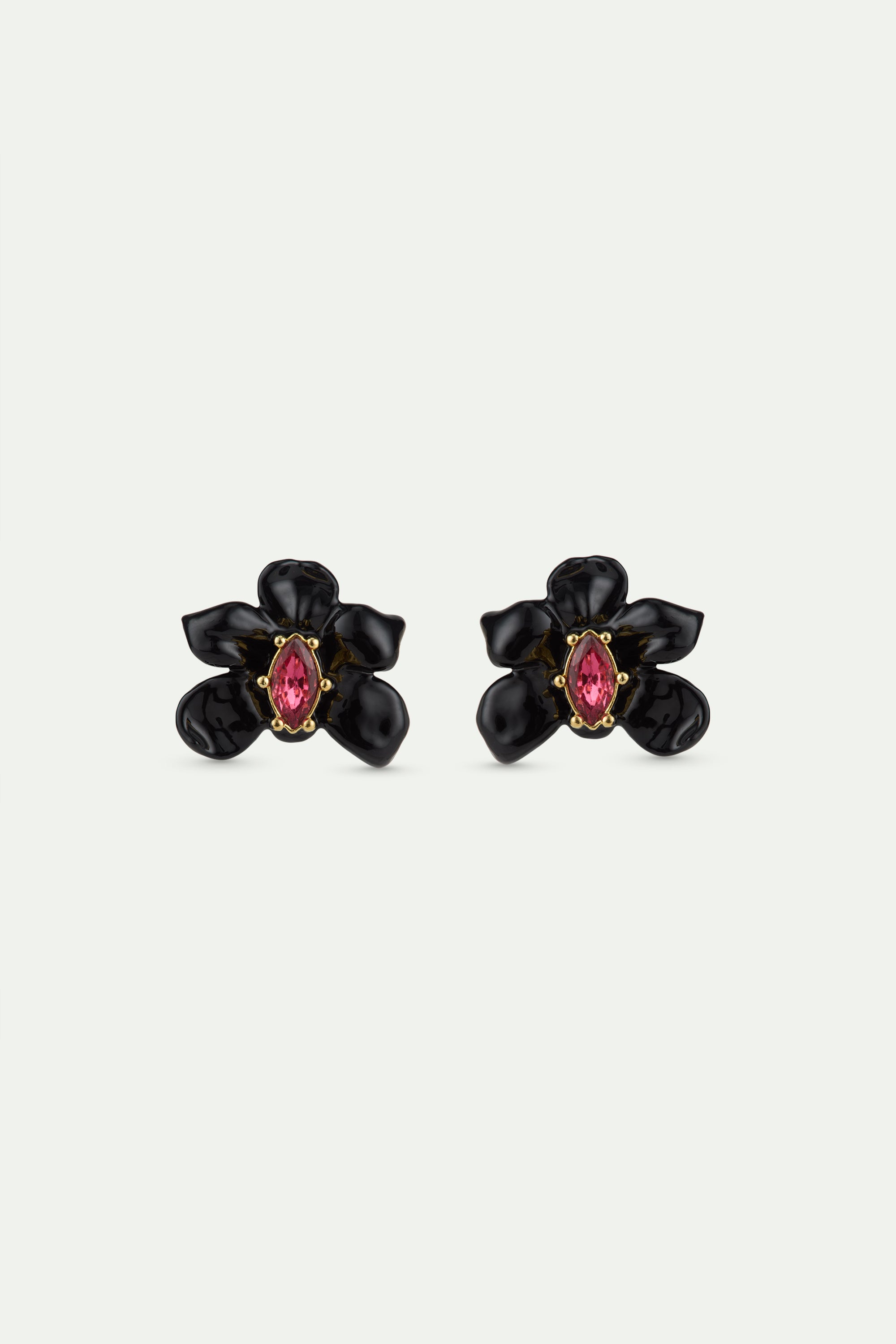 Post earrings with black orchid and pink faceted crystal