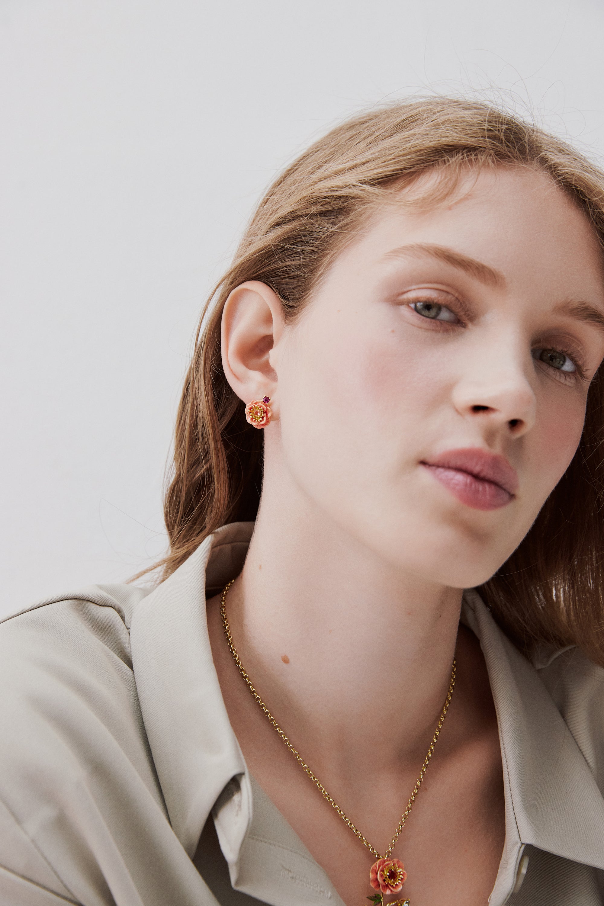 Pink anemone and crystal post earrings