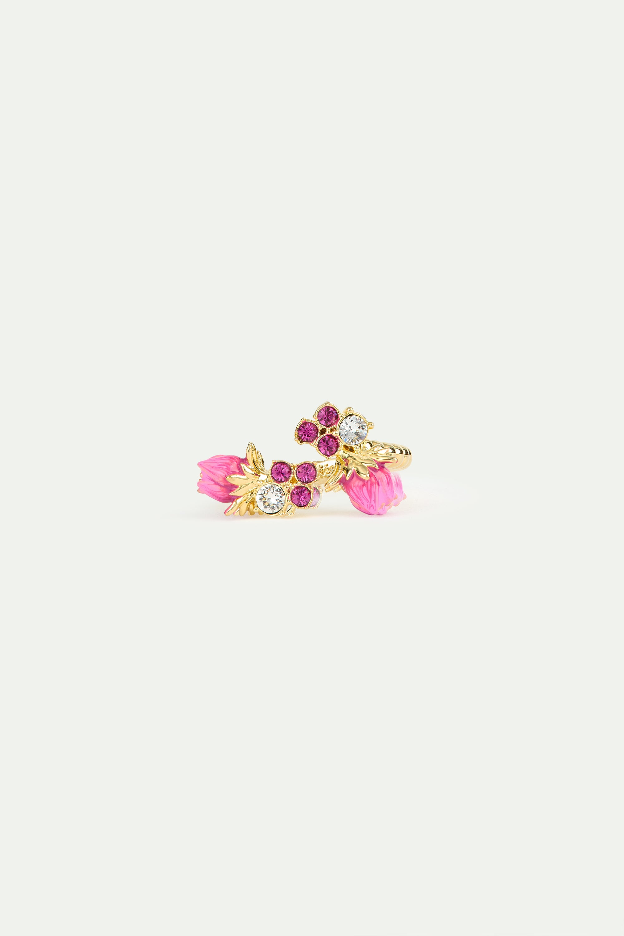 Bague ajustable boutons de rose et cristaux facettés roses
