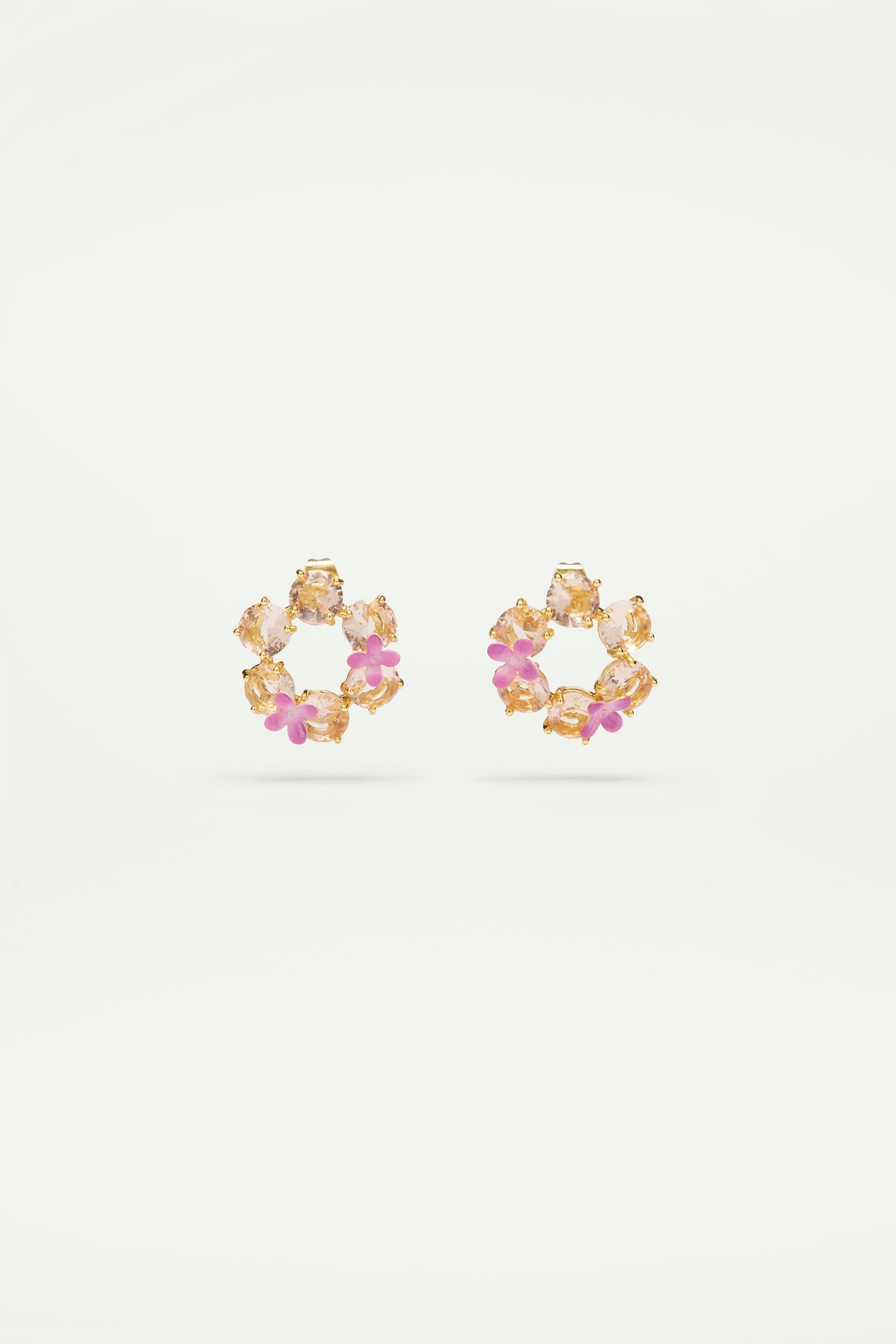 Apricot pink diamantine flower and 6 round stone earrings