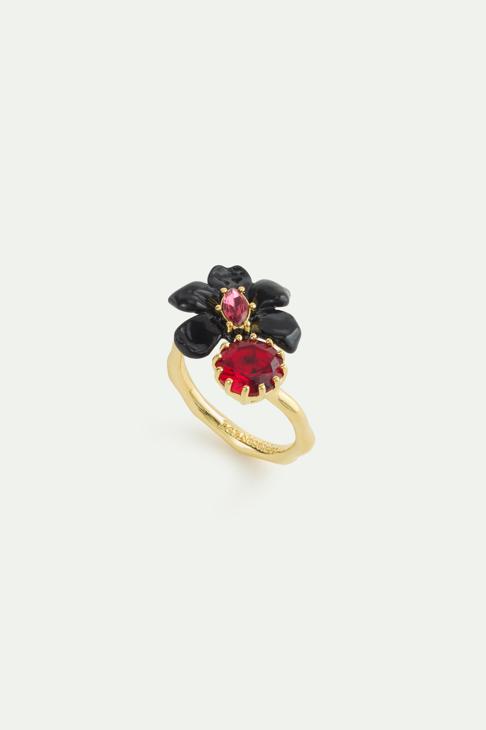Bague ajustable orchidée noire, cristal rose et pierre facettée rouge