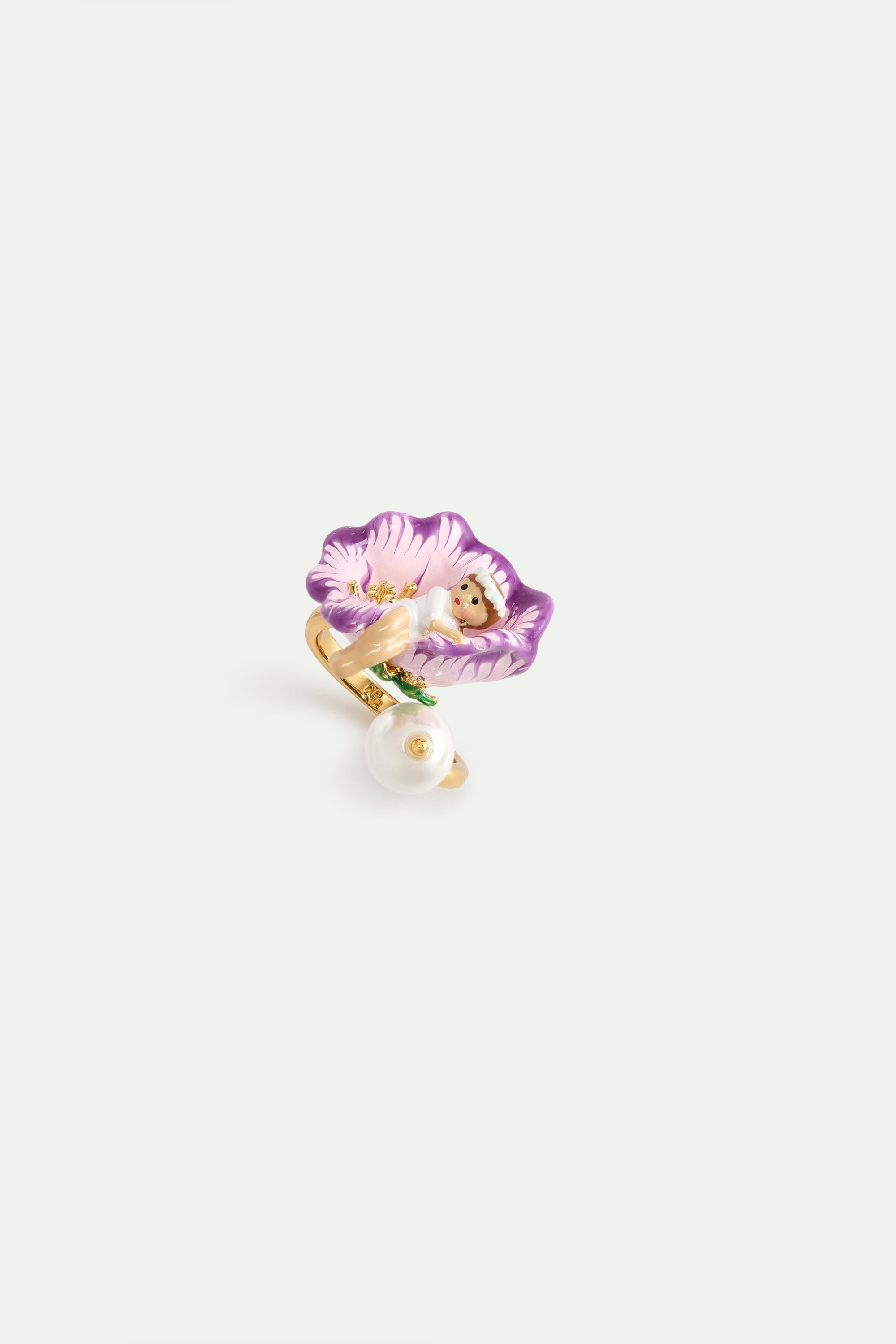 Bague ajustable fleur de mauve, Petite Poucette et perle fantaisie