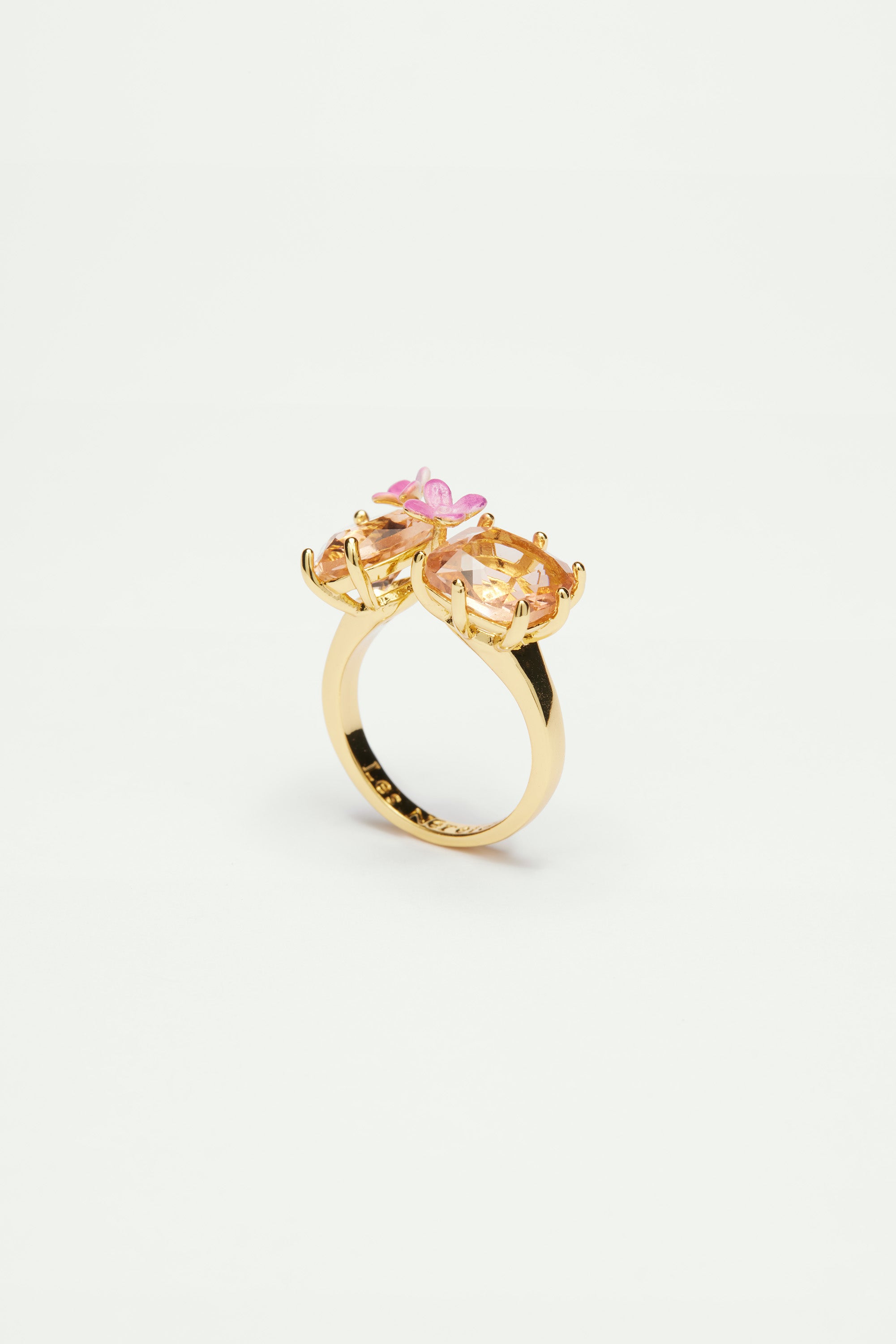 Bague pierres coeur et carrées et fleurs la diamantine rose abricot