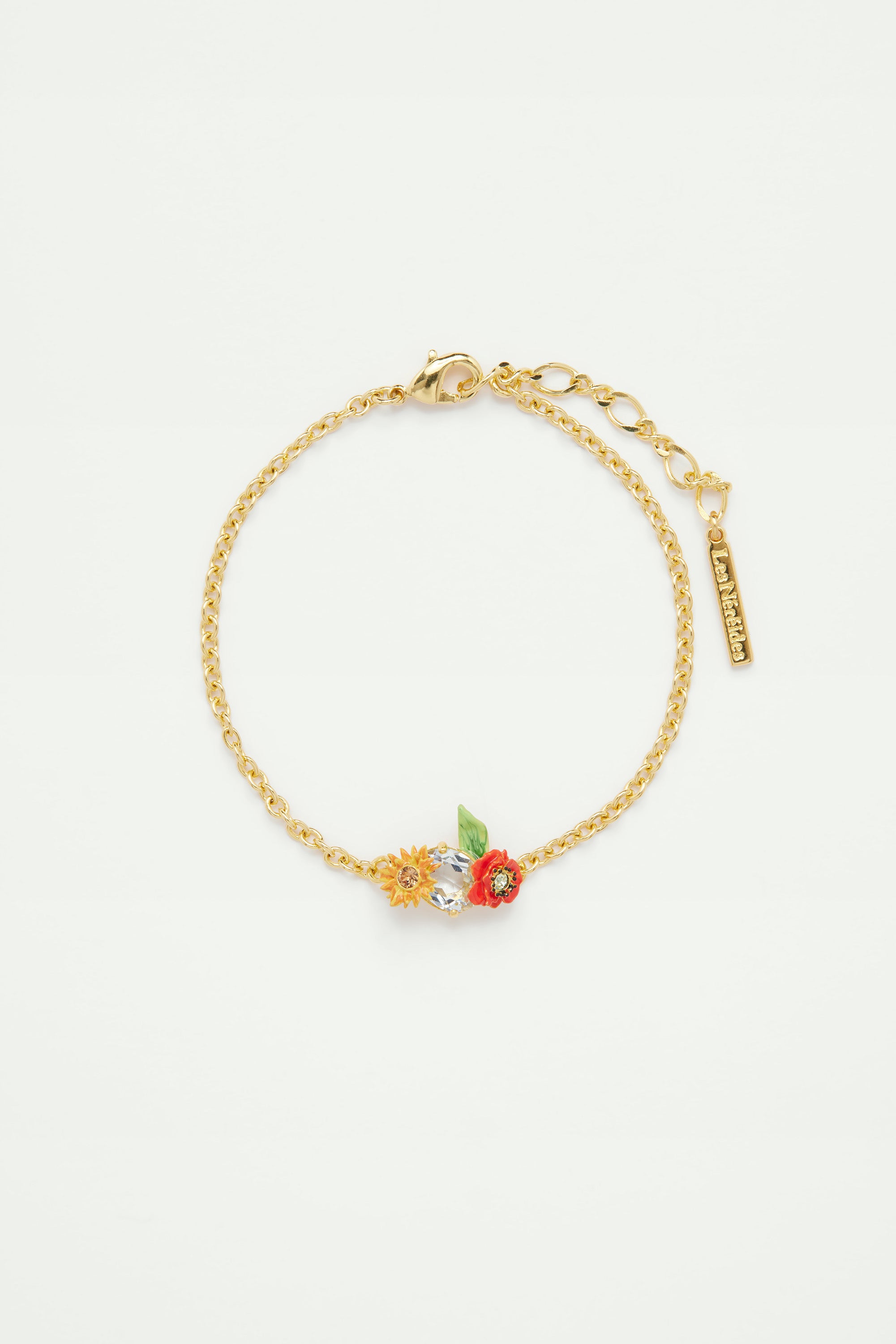 Pulsera fina amapolas, flor de girasol y piedra de cristal tallado azul