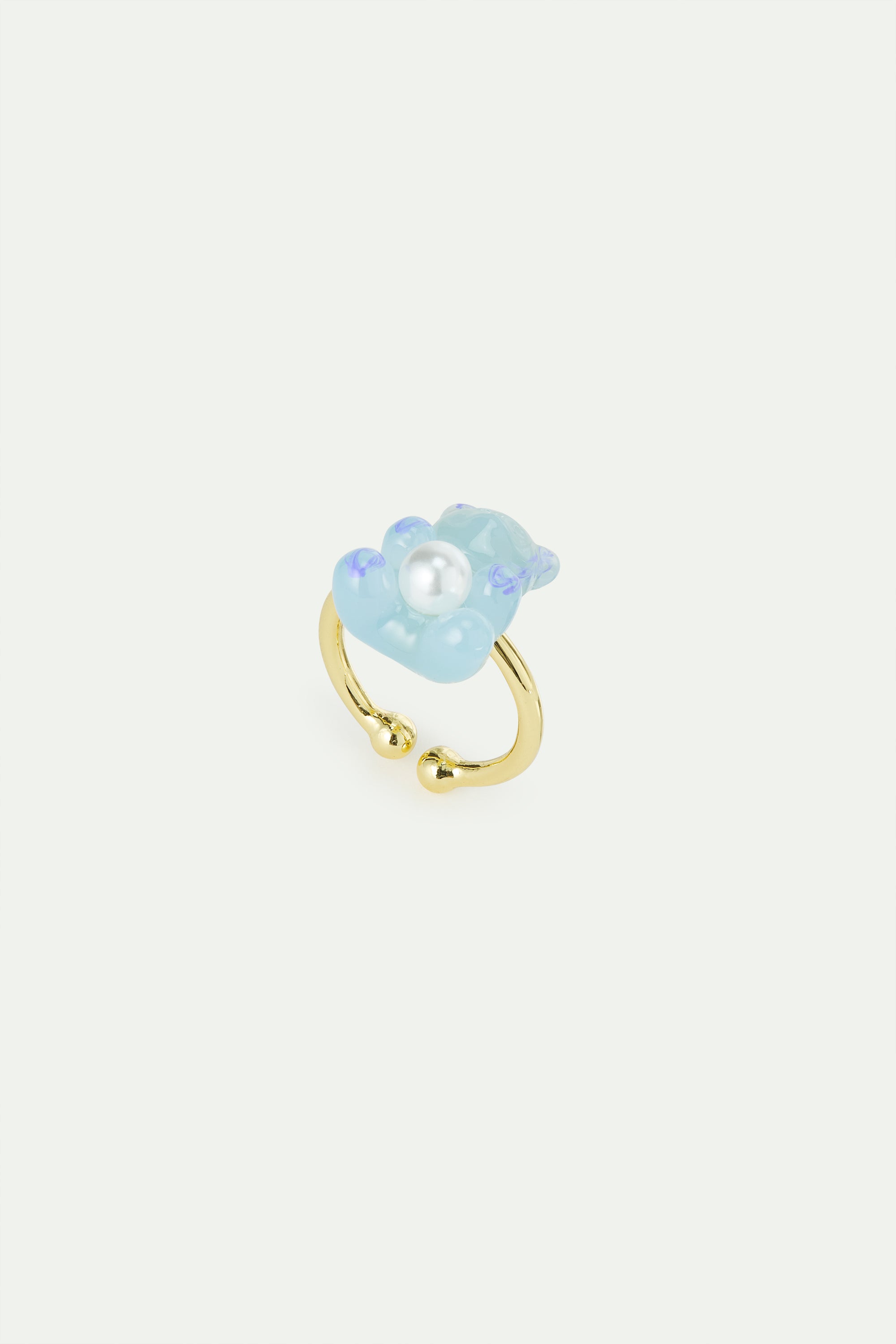 Bague ajustable nounours candy bleu et perle fantaisie blanche