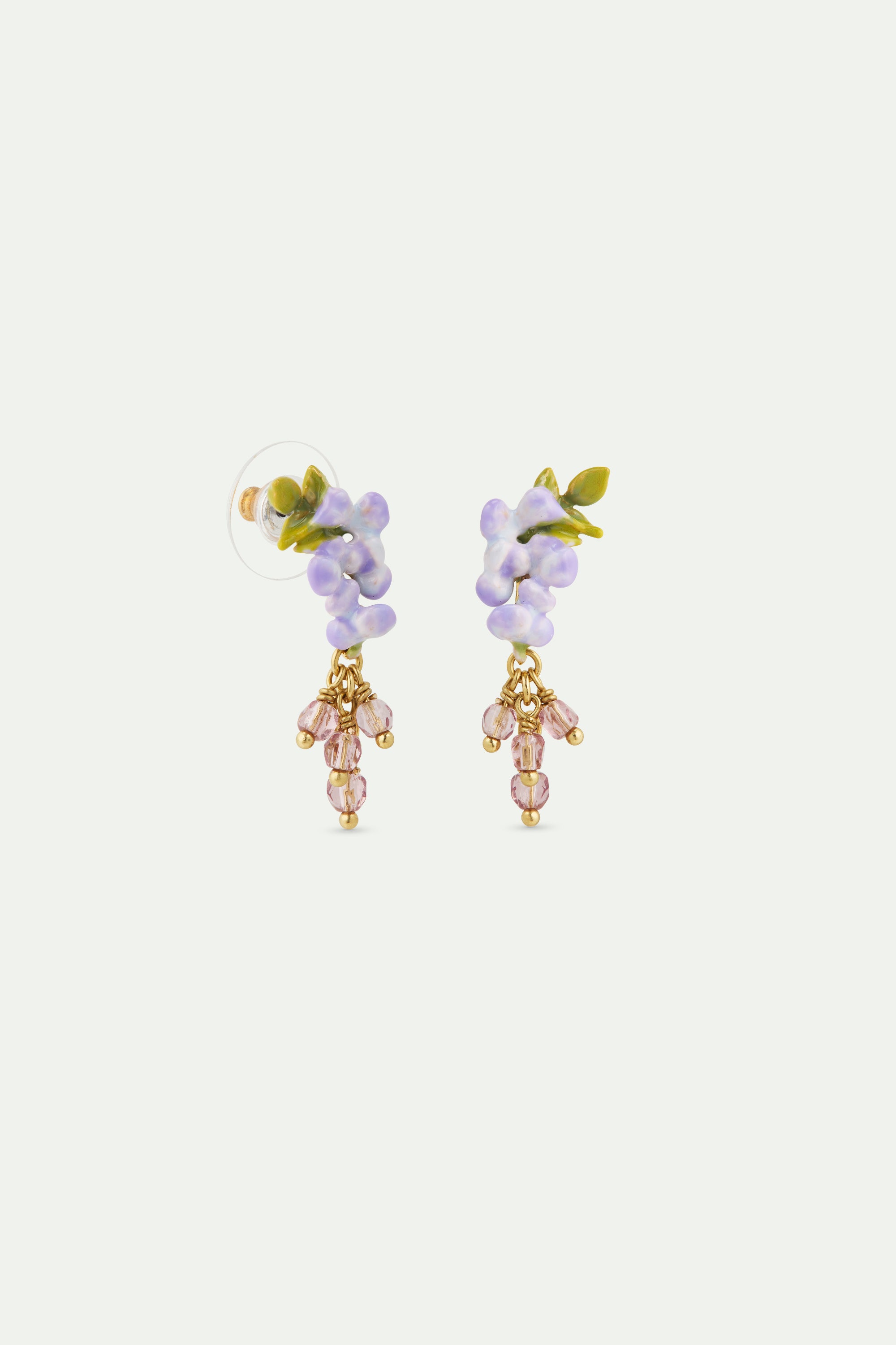 Boucles d'oreilles glycine violette, lierre et perles de cristal facettées pendantes