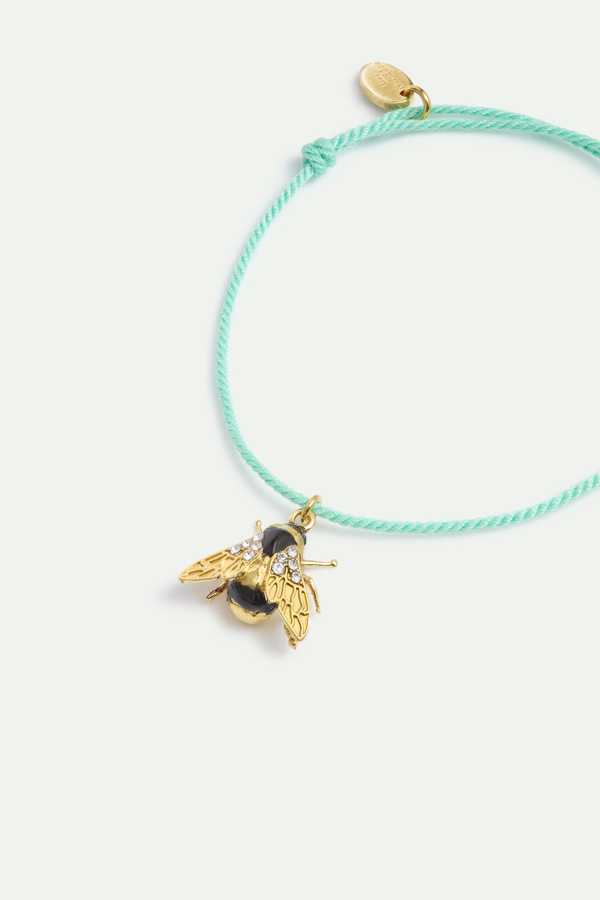Bracelet corde bleue abeille dorée et cristaux