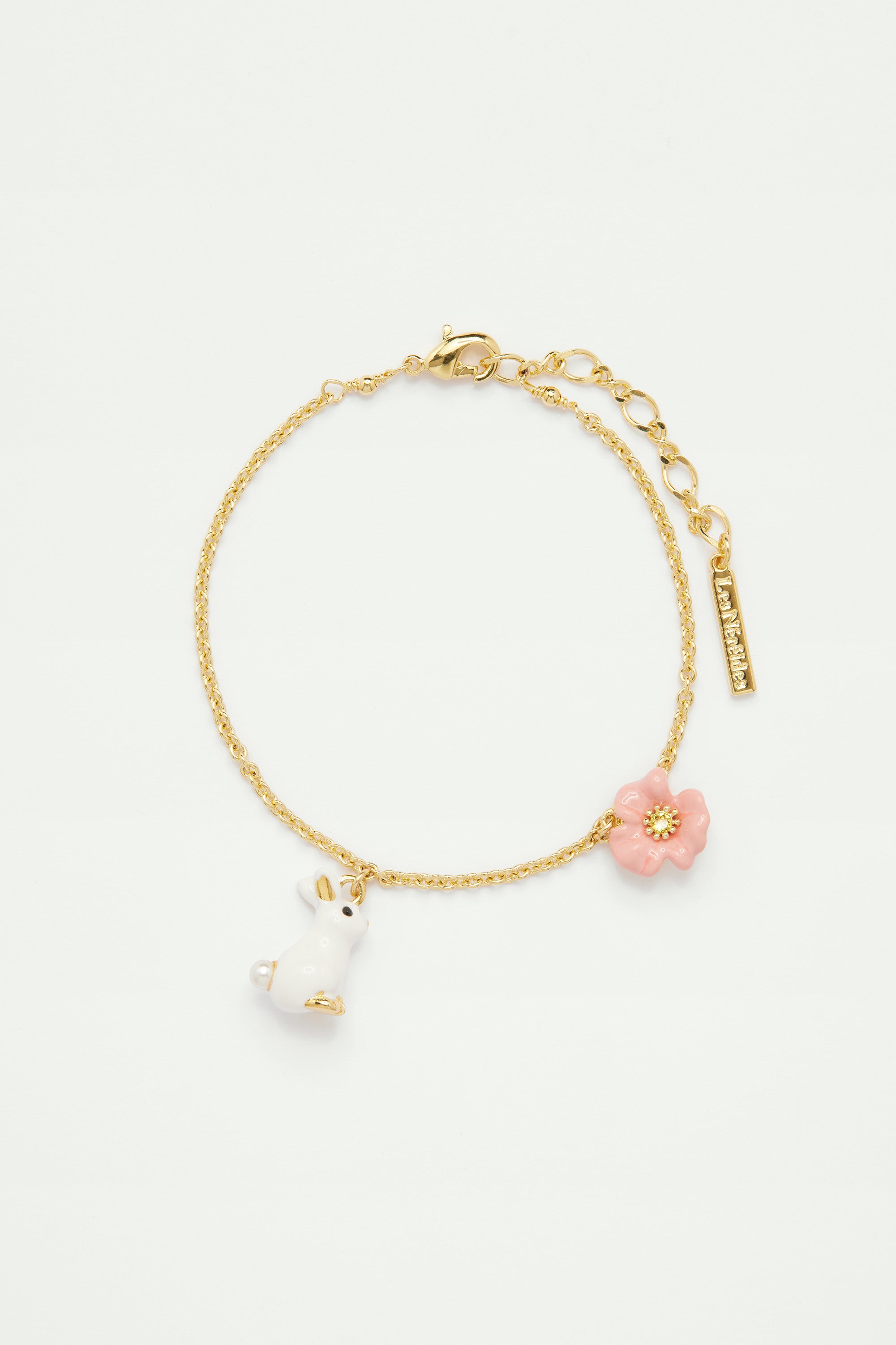 Rabbit and Pink Flower Thin Chain Bracelet - Main Image