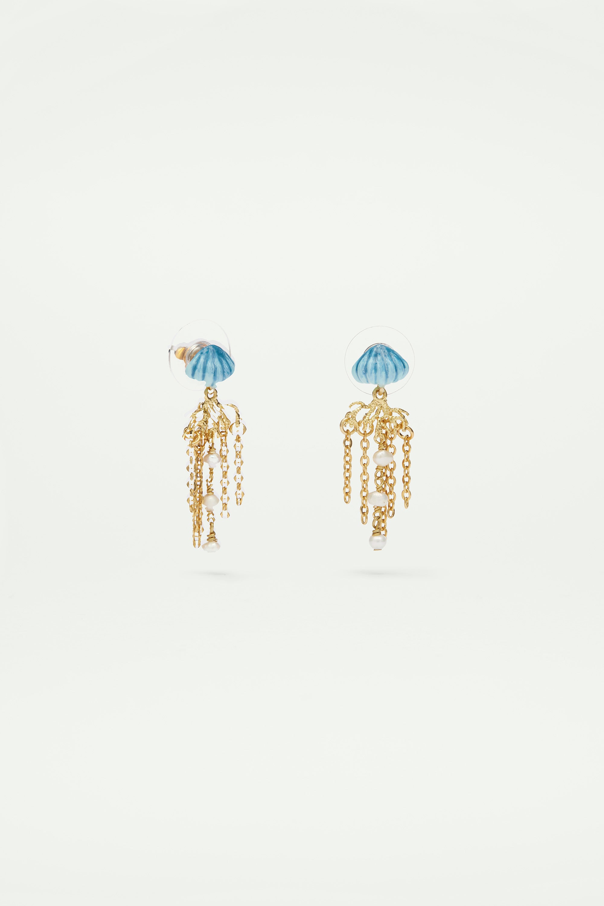 Boucles d'oreilles pendantes tiges méduse bleue et dorée