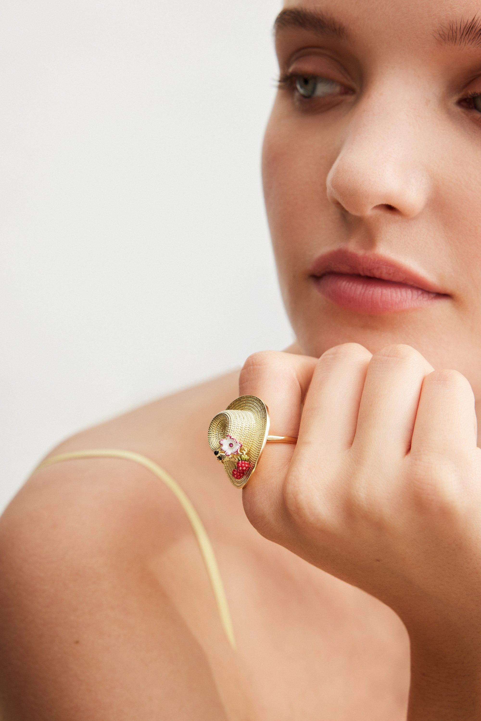 Ring with gold hat, cosmos, bee, raspberry and pink crystal