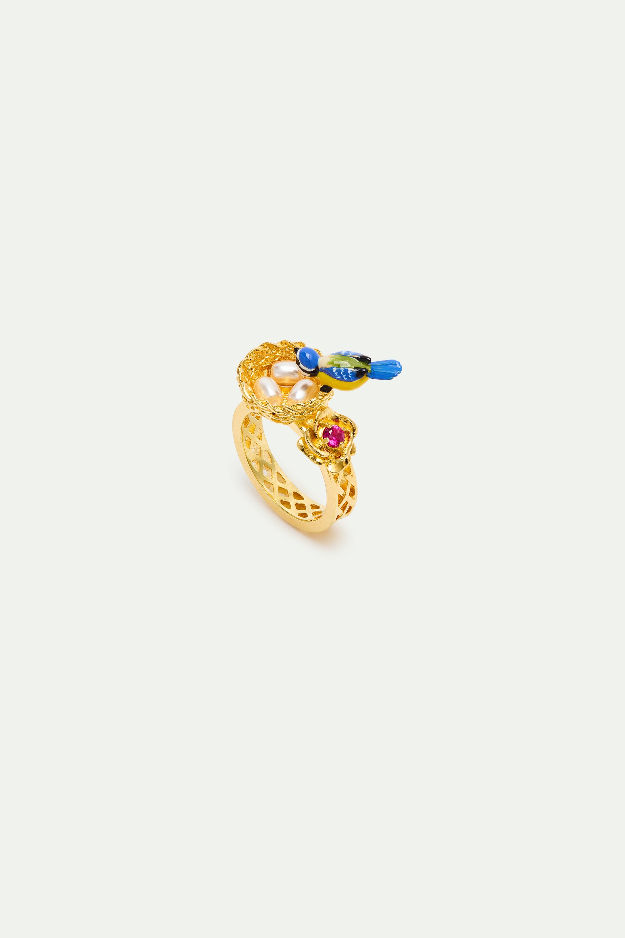 Bague nid doré, mésange et rose