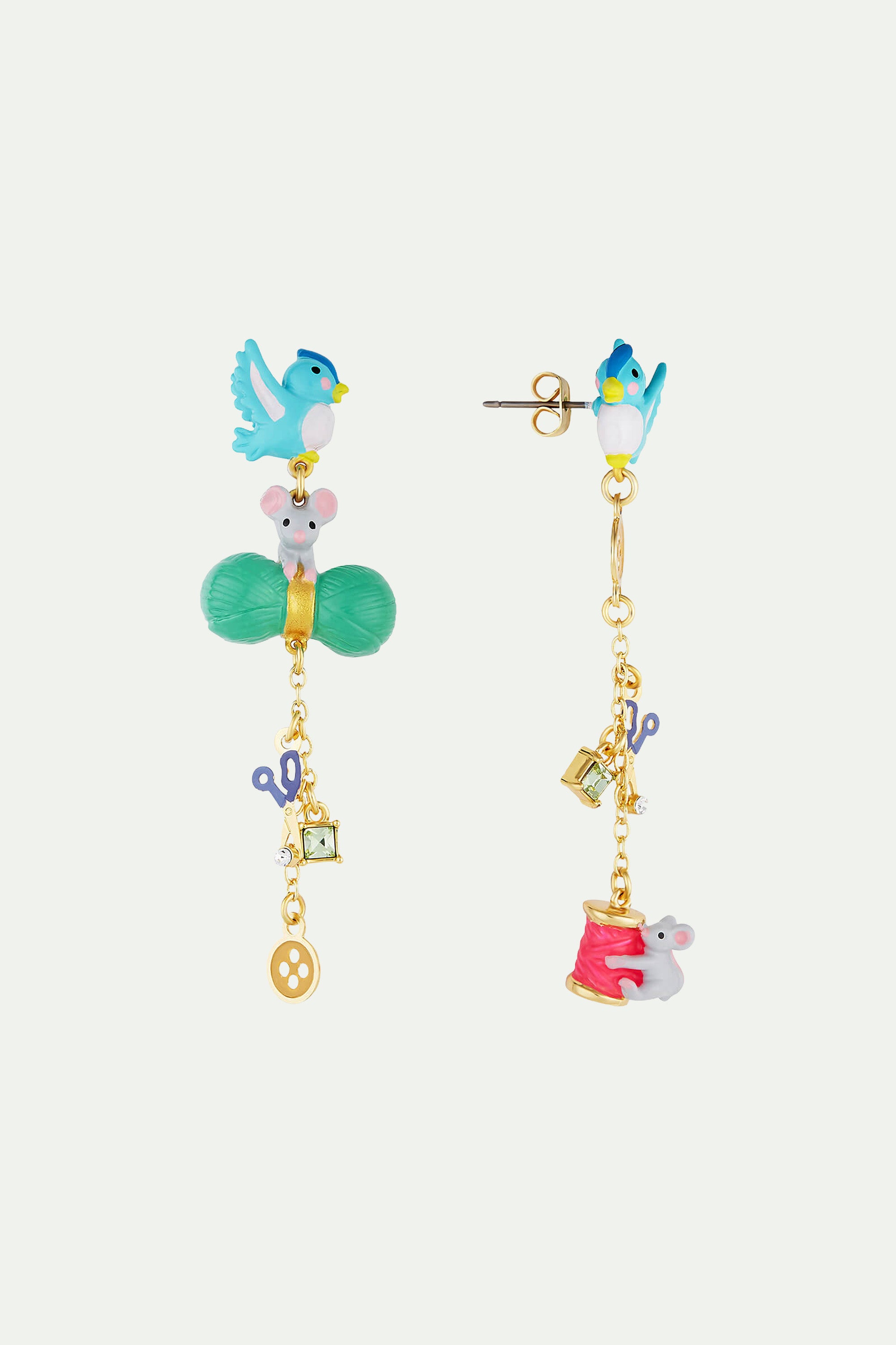 Pendientes bolitas Pájaro, Ratón, Lana, Tijeras, Botón, Bobina de hilo y Cristal tallado