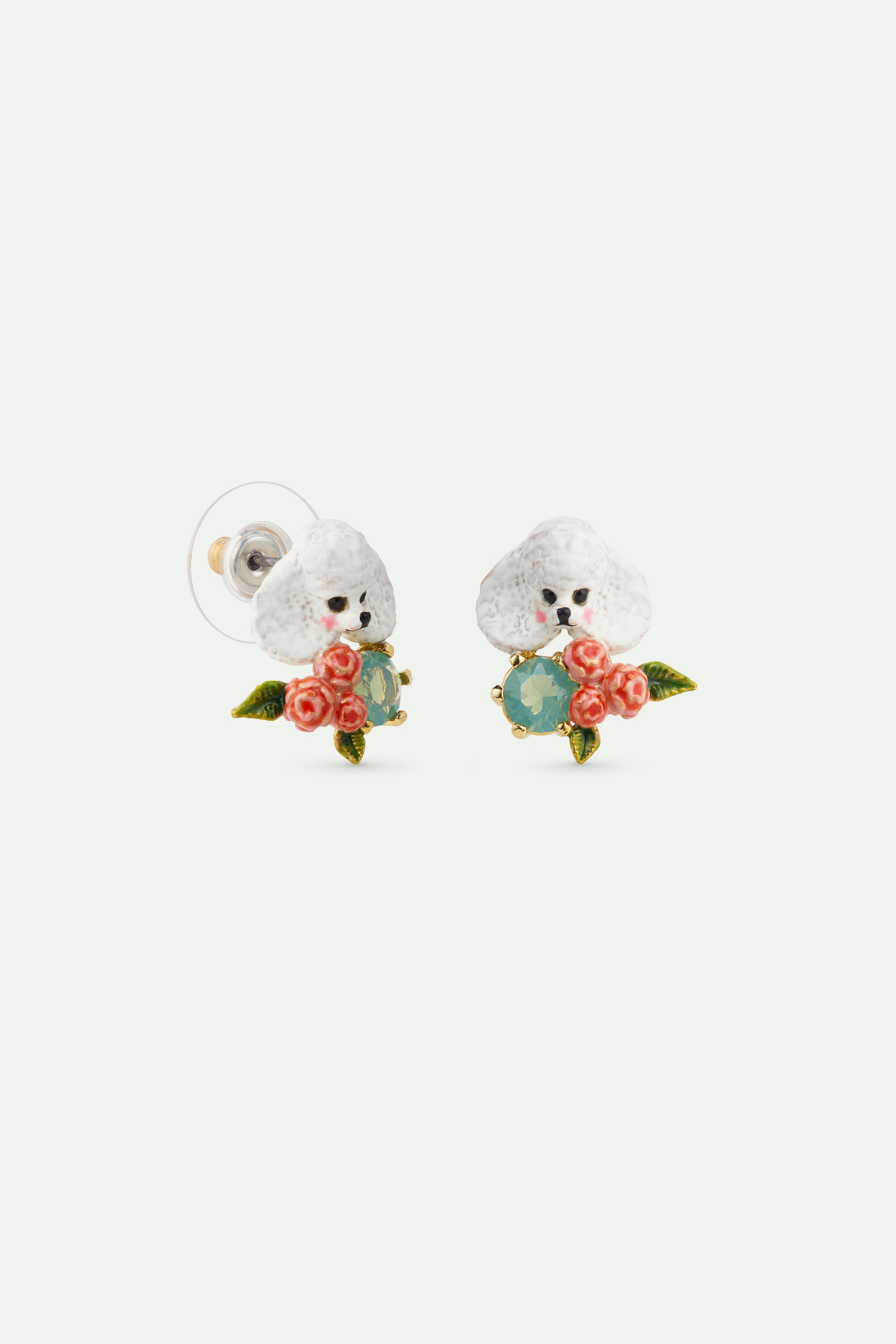 Boucles d'oreilles caniche, fleurs roses et pierre bleue