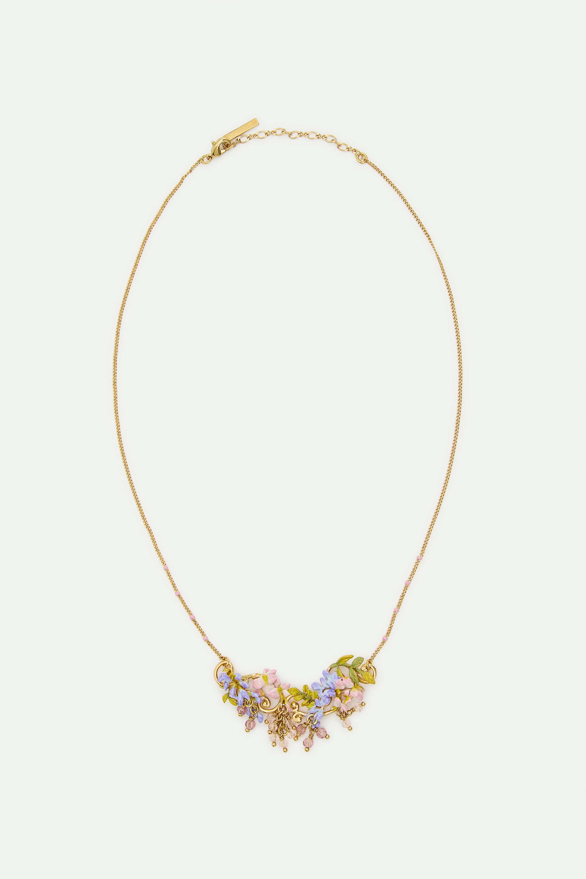 Collier plastron glycine rose et violette sur arabesque dorée et perles de cristal