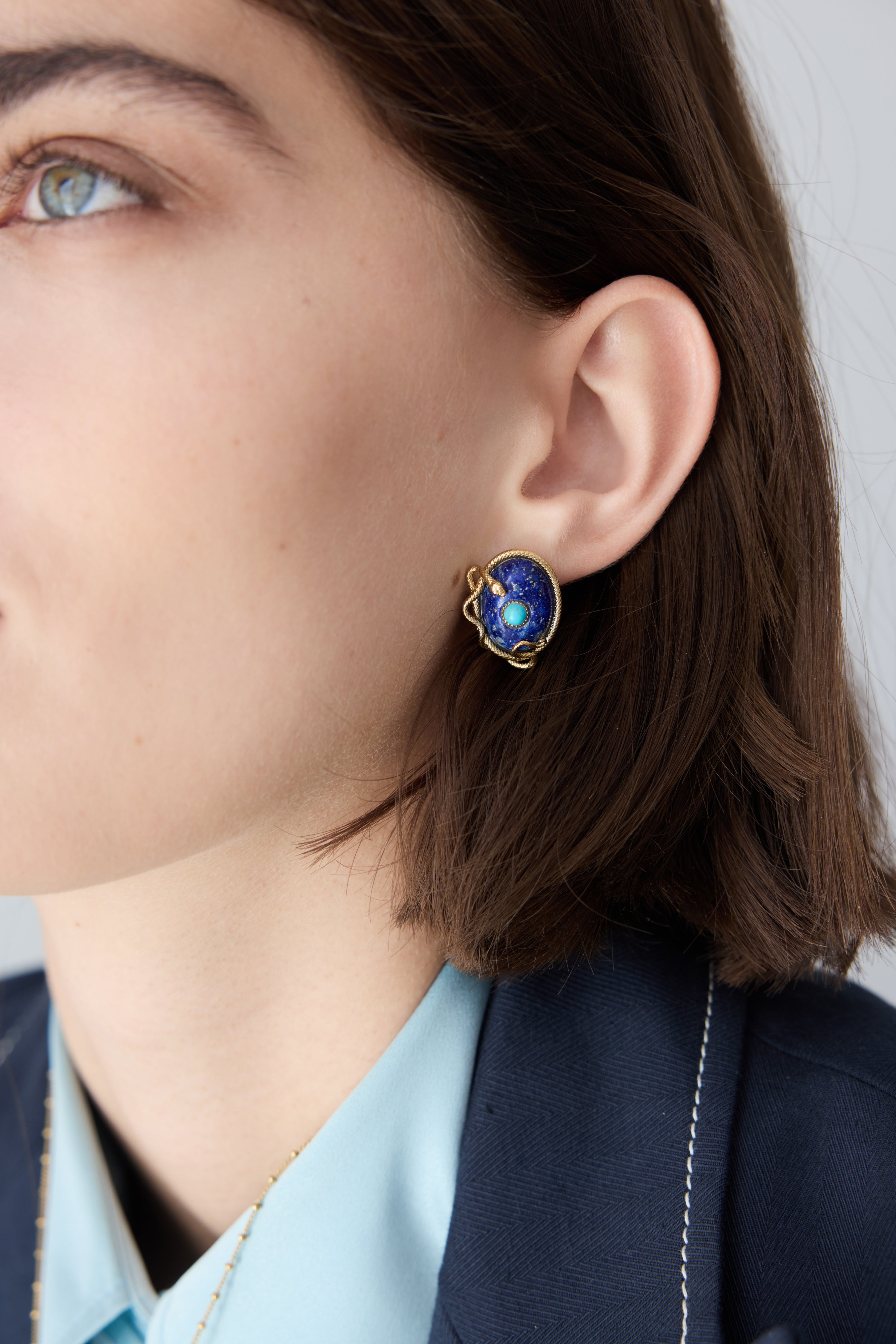 Boucles d'oreille lapis-lazuli et turquoise, serpent doré