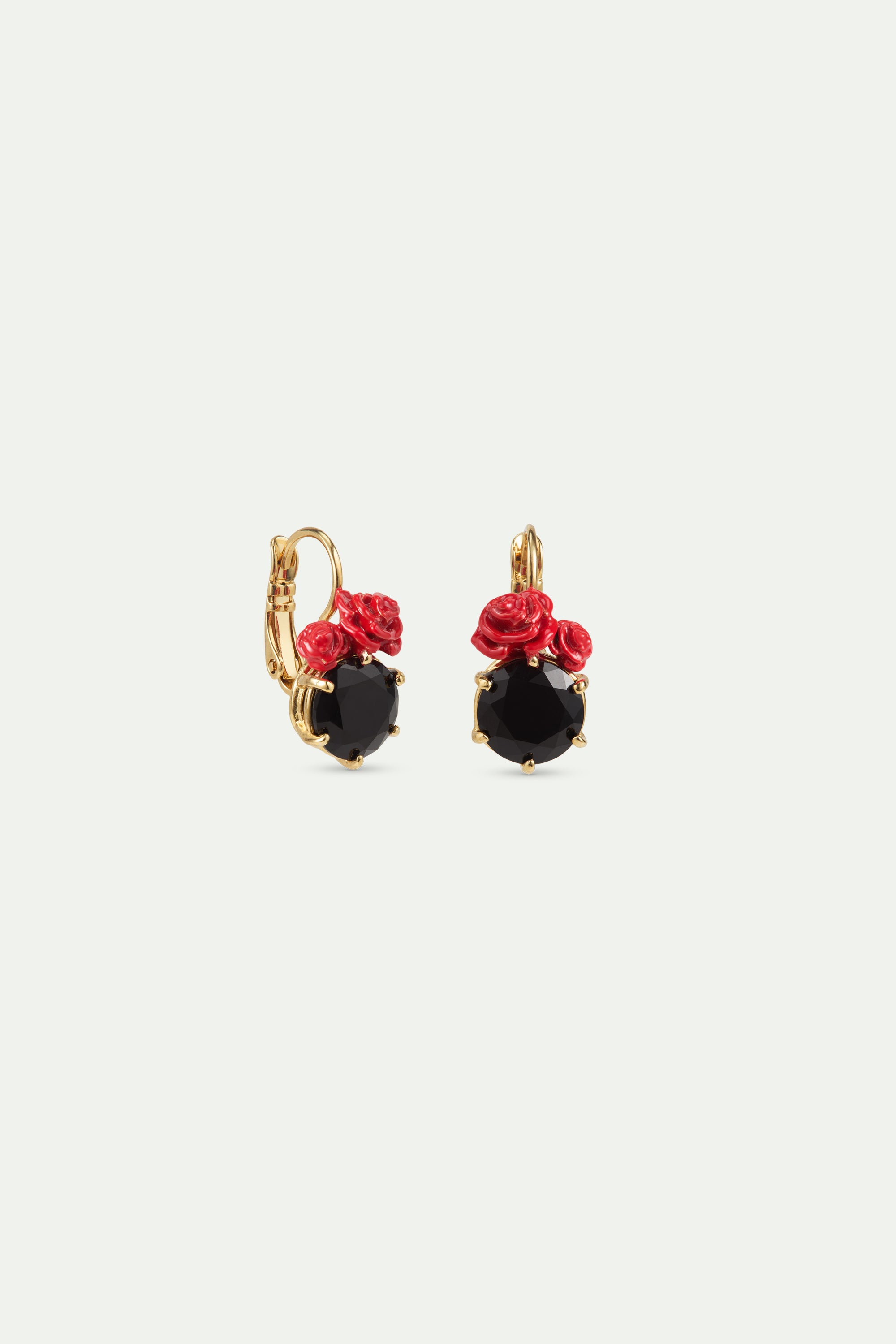 Boucles d'oreilles dormeuses pierre ronde facettée noire et roses rouges