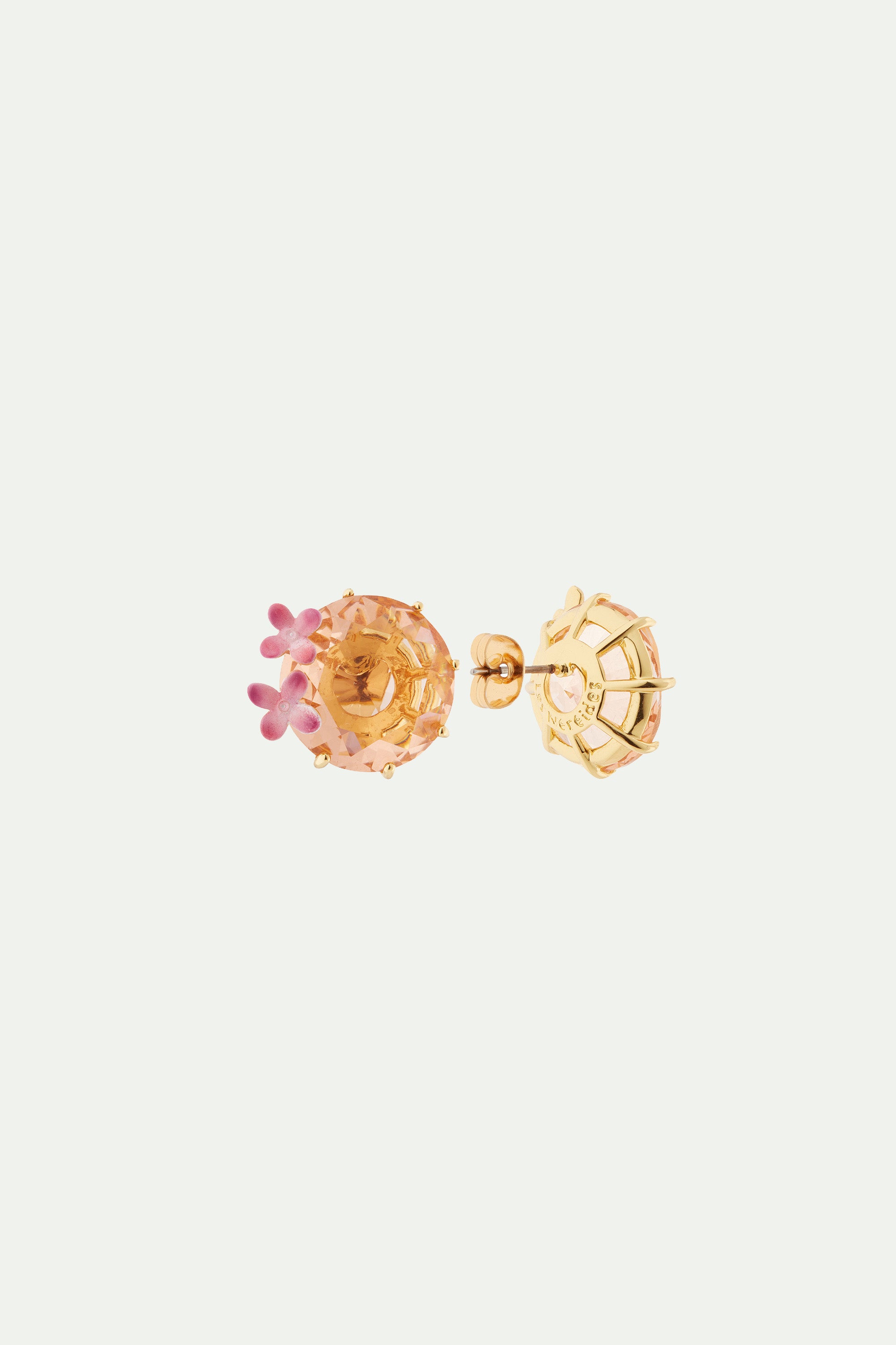 Boucles d'oreilles tiges fleurs et pierre ronde la diamantine rose abricot