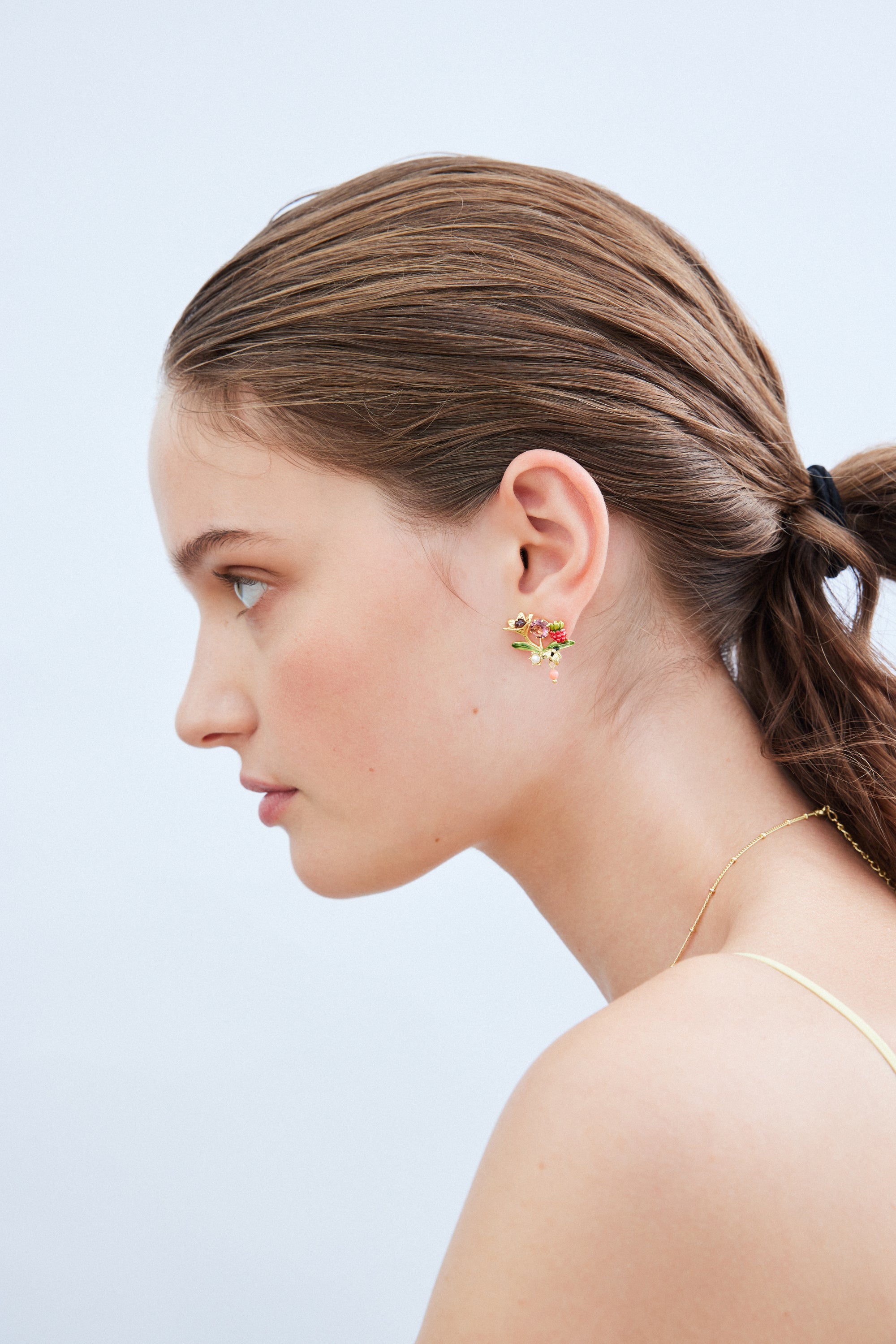 Round pink stone post earrings, with gold bee, raspberry and pearls