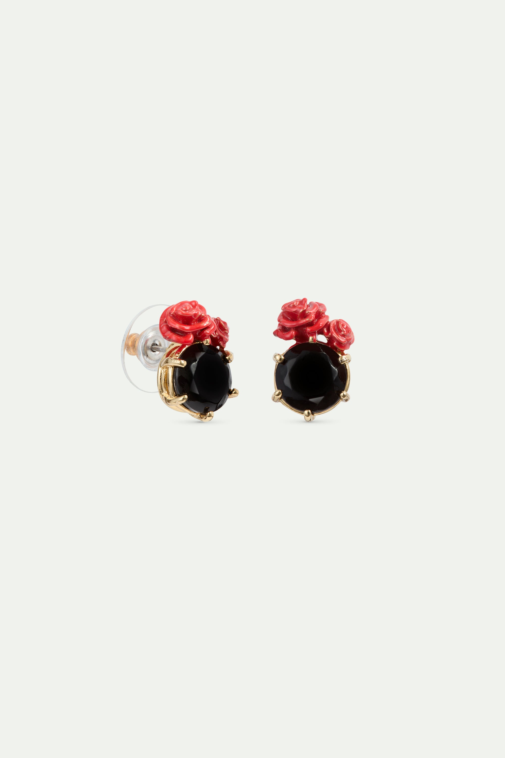 Boucles d'oreilles tiges pierre ronde facettée noire et roses rouges