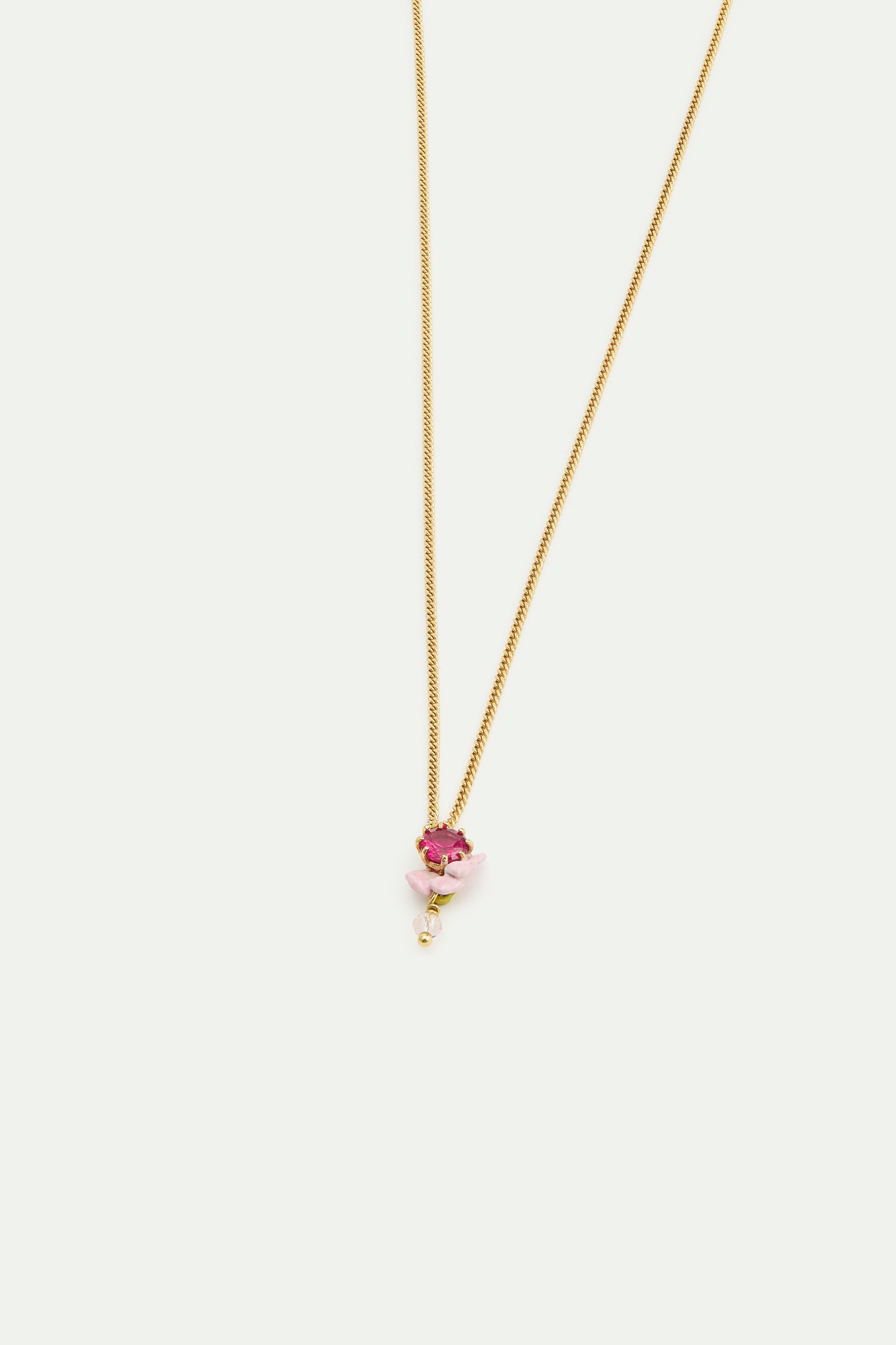 Collier pendentif verre taillé, glycine rose et perle de cristal facetté blanche