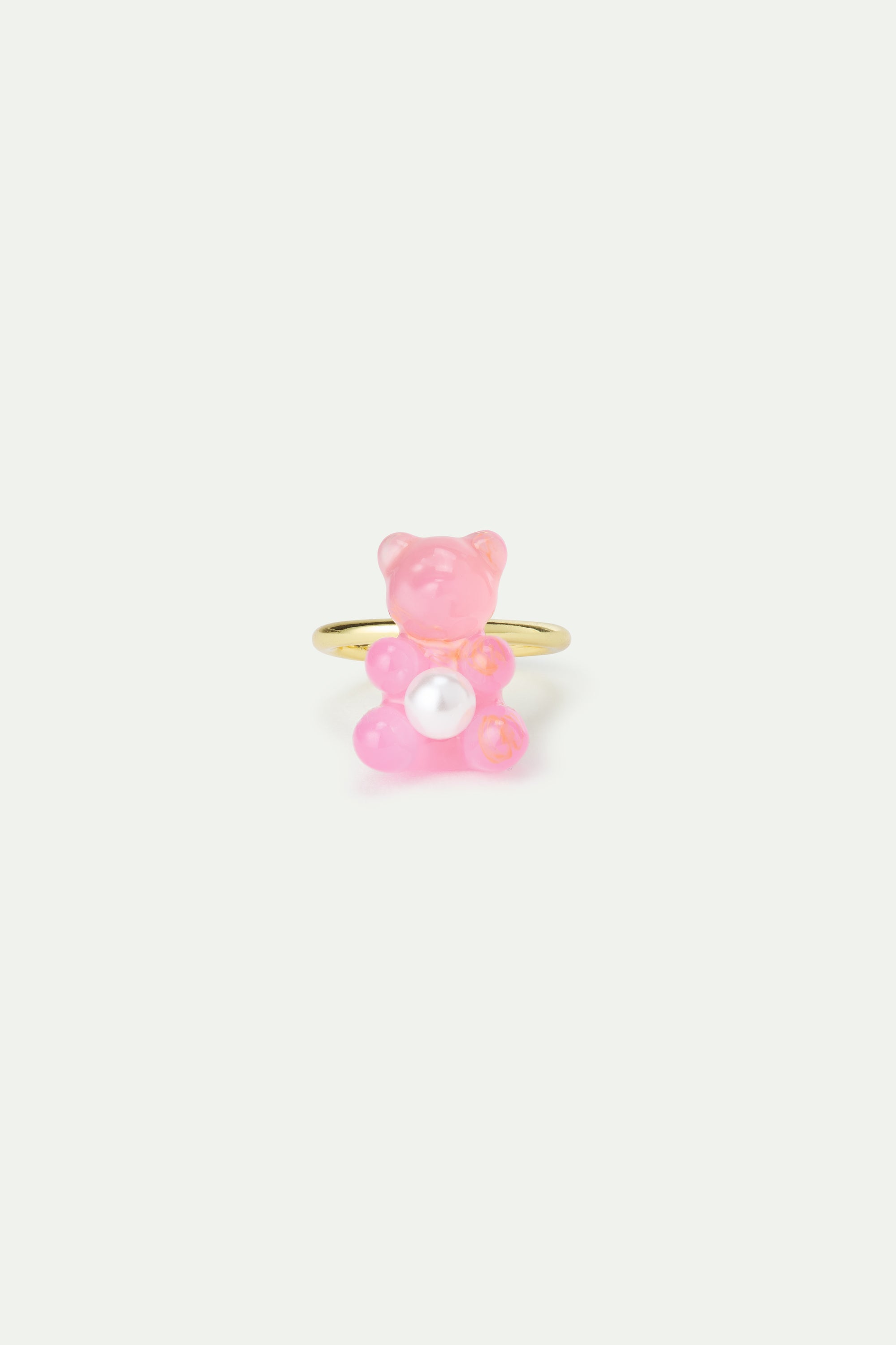 Adjustable ring with pink teddy bear sweet and white imitation pearl