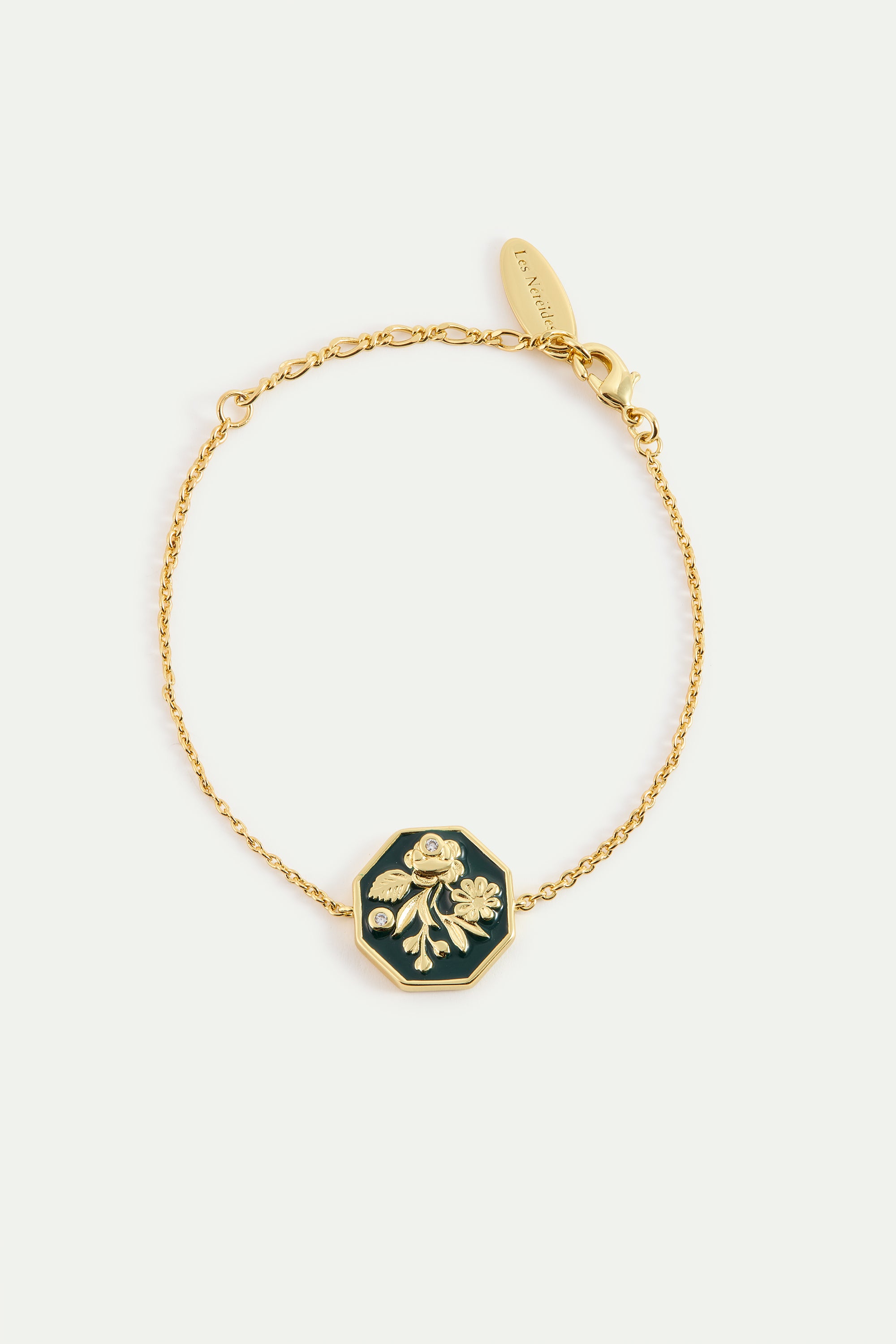 Bracelet médaillon vert fleur d'anémone