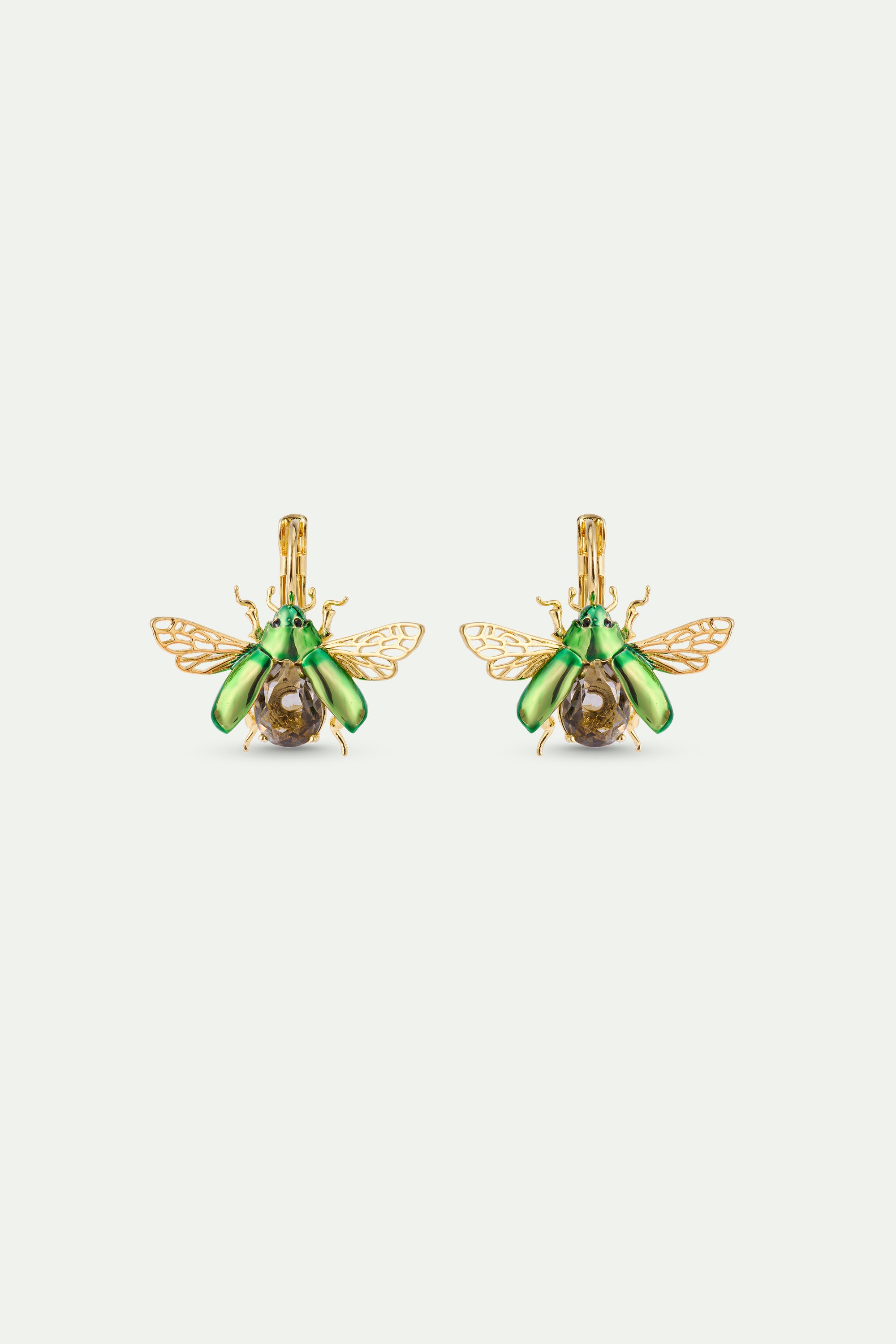 Boucles d'oreilles dormeuses cétoine verte volante et pierre facettée noire