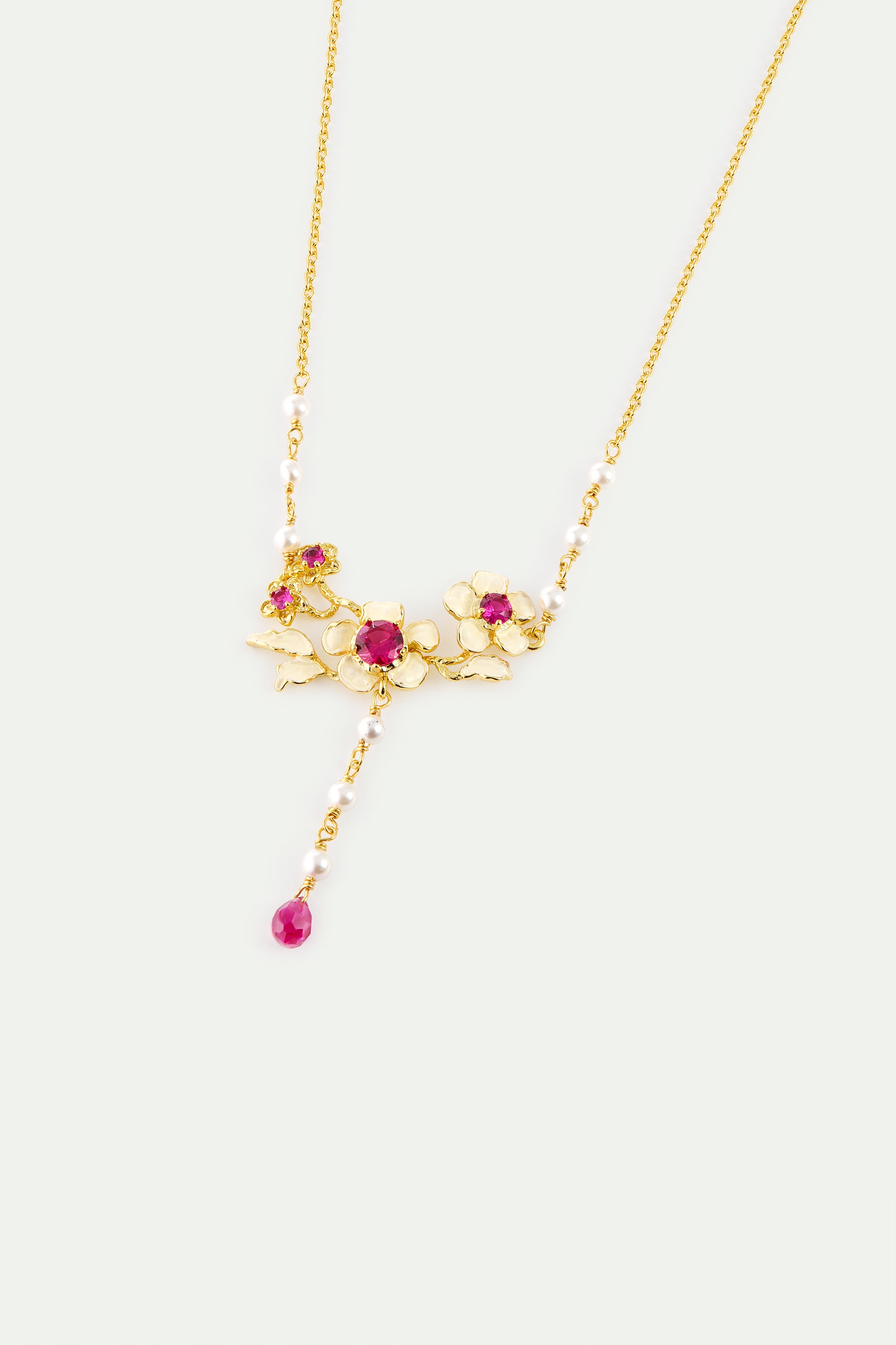 Collier plastron anémones dorées, cristaux roses et perles de culture