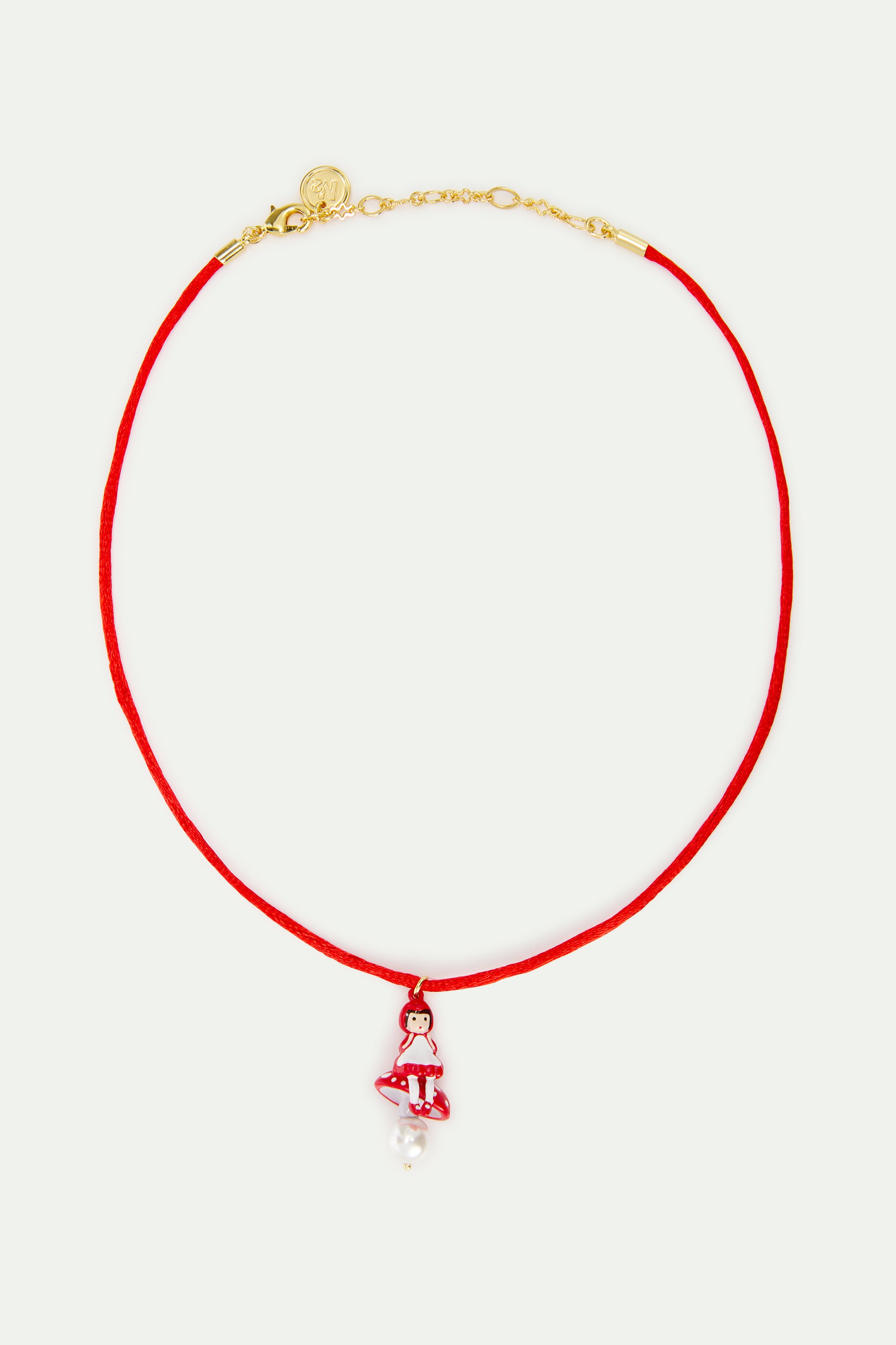 Collier pendentif rouge Petit Chaperon Rouge, champignon et perle fantaisie