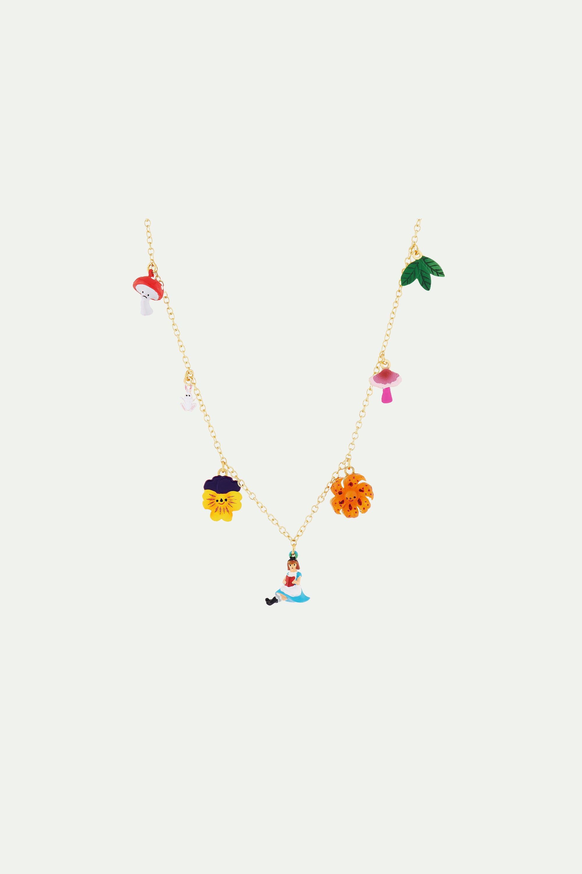Collier fin alice, fleurs, champignons et lapin blanc